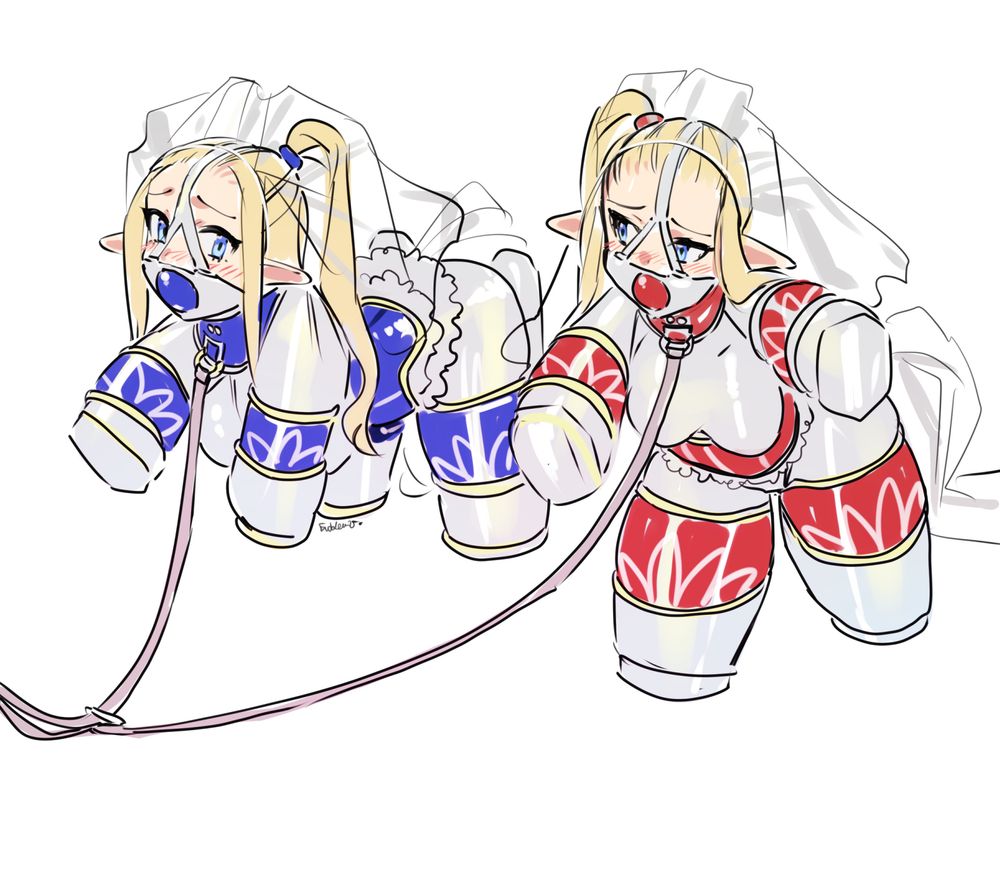 2girls, all fours, bitchsuit, blonde hair, bondage, bound, collar, crawling, elves, eudetenis, female, female only, femsub, fully clothed, gag, gagged, lawanee and tiwanee, leash, leash and collar, piddlefours, pointy ears, veil