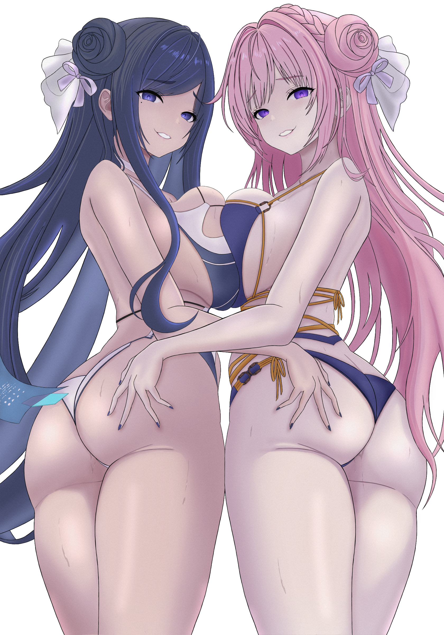 2girls, alternate costume, artist request, ass, bare shoulders, bikini, blue eyes, blue hair, breast press, breasts, butt crack, come hither, dorothy (nikke), double bun, female, from behind, from below, goddess of victory: nikke, hair bun, hair ribbon, hand on another's ass, huge ass, large breasts, long hair, looking at viewer, looking back, multiple females, multiple girls, naughty face, pink hair, purple eyes, raven (stellar blade), ribbon, sideboob, smile, stellar blade, sweat, swimsuit, thick thighs, thighs, thong, thong bikini, very long hair