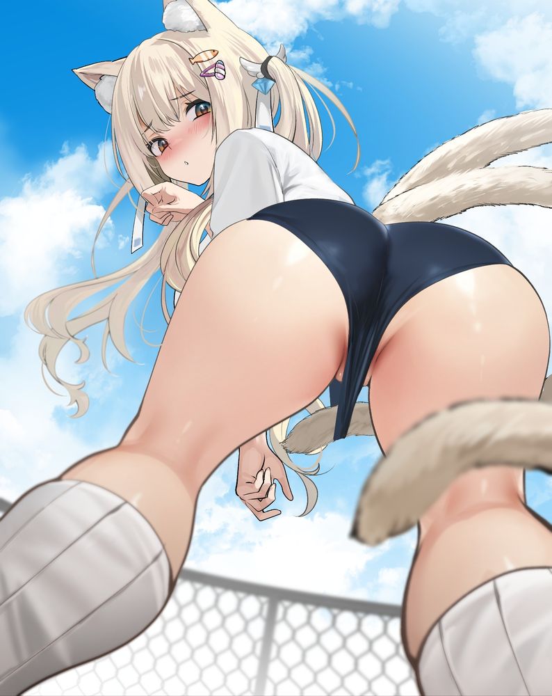 1girls, animal ear fluff, animal ears, animal tail, ass, ass cleavage, ass crack, backpartially visible vulva, blonde eyebrows, blonde female, blonde hair, blonde-haired female, blue background, blue sky, blush, blush face, blushing at viewer, blushing female, blushing lines, brown eyes, brown-eyed female, buruma, butt crack, character request, clouds, copyright request, day, daylight, daytime, embarrassed, embarrassed expression, embarrassed female, eyebrows visible through hair, female, female focus, female only, fingers, groin, hair between eyes, hair clip, hair clips, hairclip, hairclips, high resolution, highres, kneepits, lean figure, long hair, looking at viewer, looking back, looking back at viewer, looking down, looking down at viewer, narrow waist, outdoor, outdoors, outside, partially exposed vulva, pussy, shame, shoulders, sky, slender body, slender waist, slim waist, socks, solo, sports bikini, sports shorts, standing, teddypocky, thighs, twintails, twintails (hairstyle), upper body, white socks, wide hips