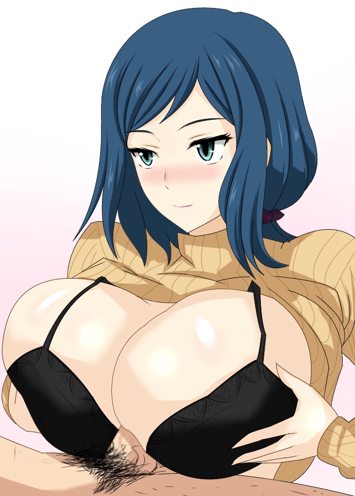 1boy, 1girls, black bra, blue hair, blush, bra, breasts, censored, female, gundam, gundam build fighters, huge breasts, iori rinko, juno (pixiv32541104), light skin, light-skinned female, light-skinned male, male, male pubic hair, milf, mosaic censoring, paizuri, penis, pubic hair, shirt lift, straight, sweater, sweater lift