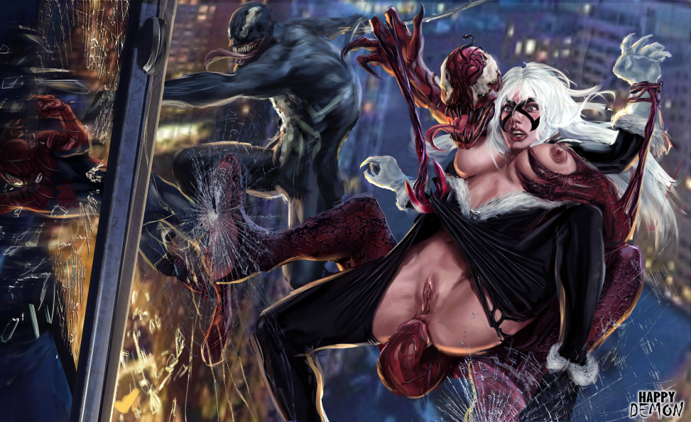 1girls 3boys anal black_cat_(marvel) bodysuit breast_grab breasts breasts_out carnage_(marvel) clothed_sex clothing felicia_hardy female fighting fit fit_female from_behind happydemon human human_on_humanoid humanoid interspecies large_breasts light-skinned_female light_skin long_hair male marvel mask midair_sex navel nipples open_mouth penetration public_sex pussy rape restrained sex spider-man spider-man_(series) spread_legs straight straight_hair symbiote torn_bodysuit torn_clothes unzipped unzipped_bodysuit venom_(marvel) villain_on_hero white_hair