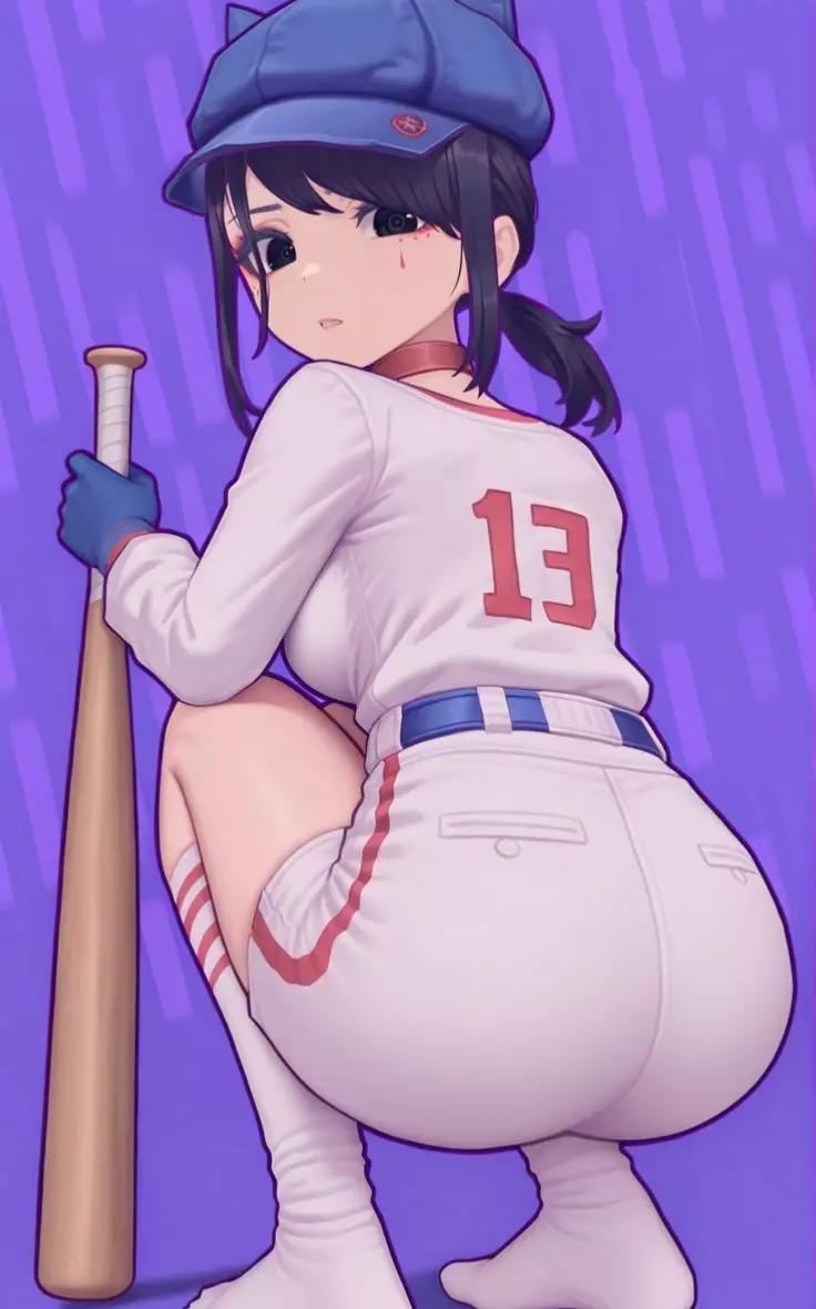 ai generated, baseball, baseball bat, baseball cap, baseball uniform, big ass, blue hair, crouching, crouching female, female, miside, mita (miside)