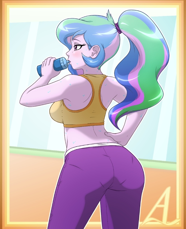 1milf, 2017, 2d, 2d (artwork), 2d artwork, acesrulez13, alternate hairstyle, alternate version at source, alternate version available, arched back, ass, back view, blush, bottle, clothed, clothed female, clothed version, deviantart, deviantart link, dimples of venus, drinking, drinking from bottle, drinking water, equestria girls, female, fit female, gym clothes, gym clothing, gym uniform, hair, hairband, hand on hip, holding bottle, holding object, human, humanized pony, light skin, light-skinned female, midriff, milf, mommy, multicolored hair, my little pony, no ai, pale skin, pale-skinned female, panties visible through clothing, pants, personification, pink eyes, ponytail, principal, principal celestia, purple bottomwear, purple clothing, purple pants, smooth skin, solo, solo female, sports bra, sportswear, standing, thicc, tied hair, water bottle, western cartoon, yellow sports bra, yellow topwear