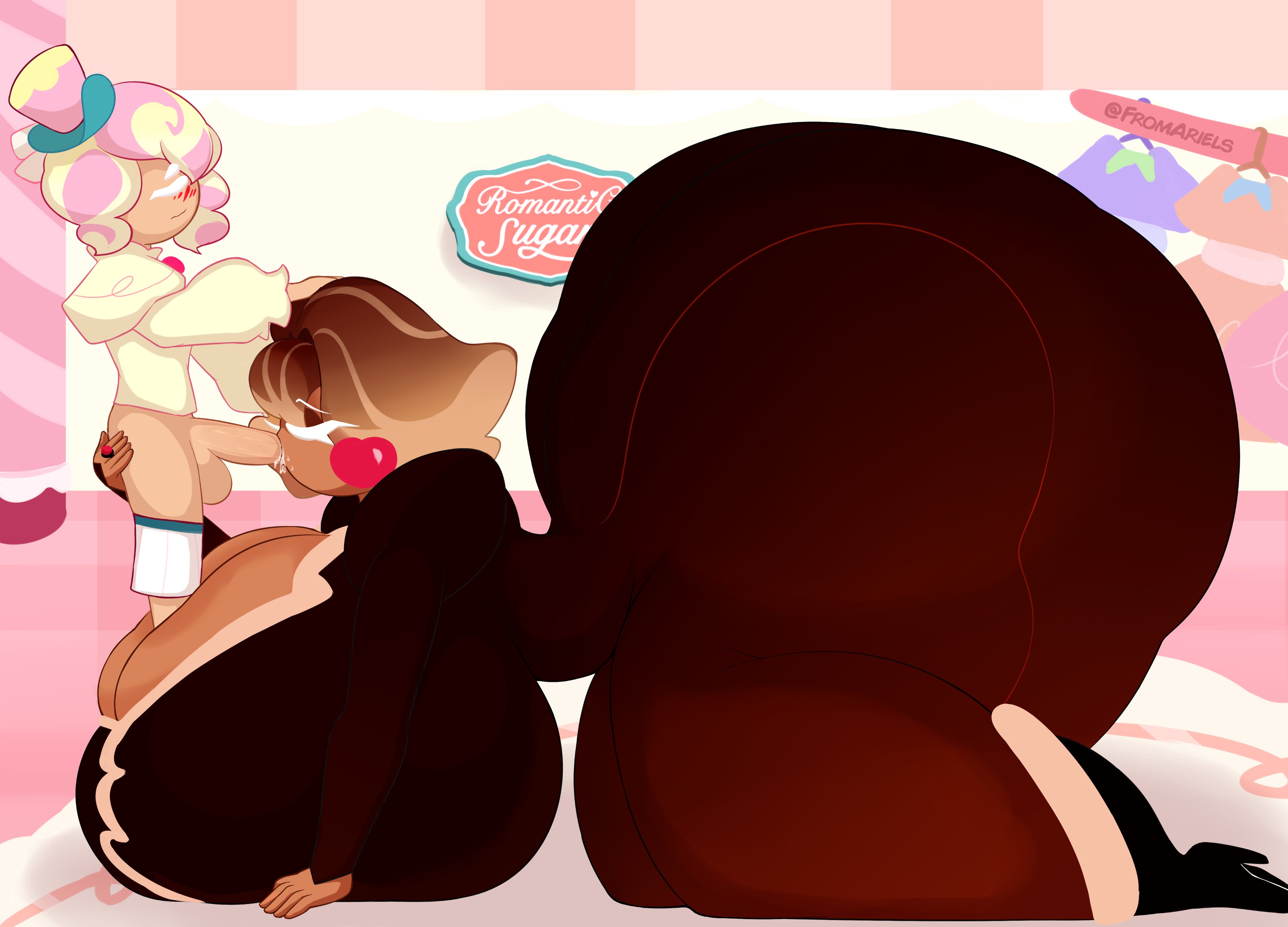 artist name, ass, ass focus, bent over, black heels, blowjob, blue hat, blush, breasts, breasts on floor, breasts on ground, brown dress, brown hair, chocolate bonbon cookie, closed eyes, complex background, cookie run, cookie run ovenbreak, cum, cum in mouth, dark skin, dark-skinned female, drool, duplicate, female, fromariels, hand on head, hand on head blowjob, hands on ground, hyper, hyper ass, hyper breasts, kneeling, larger female, light brown highlight, light skin, light-skinned male, male, massive ass, oral, oral sex, pastel meringue cookie, pink hair streak, pink hat, red earrings, size difference, smaller male, standing on person, white hair, white shirt, yellow hat