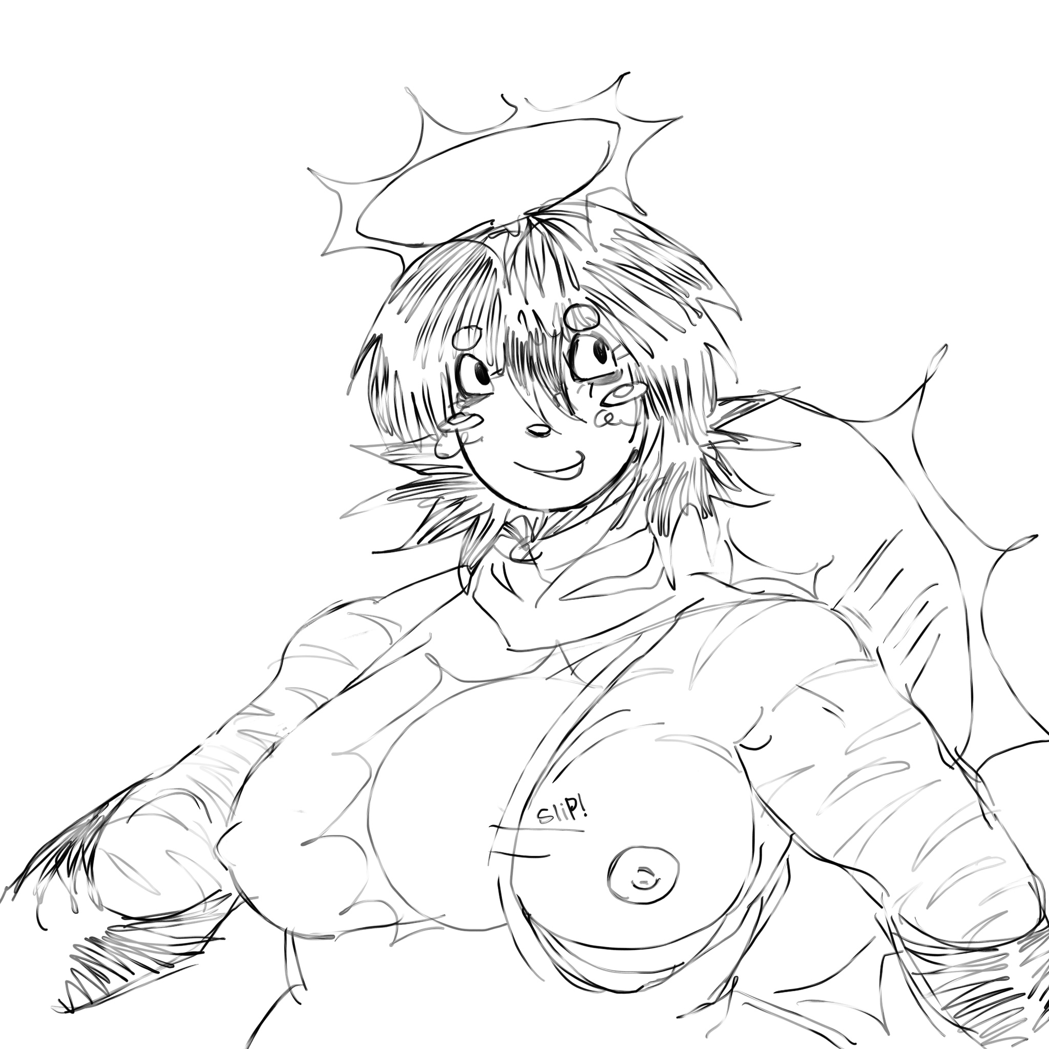 arm warmers, artist request, big breasts, black hair, breasts, chubby, colossal, curvy figure, female, flashing breasts, forsaken (roblox), nonbinary, one breast out, roblox, roblox game, robloxian, running, shirt, short hair, sketch, tagme, turtleneck, two time, unaware, unintentional exposure, volumptous