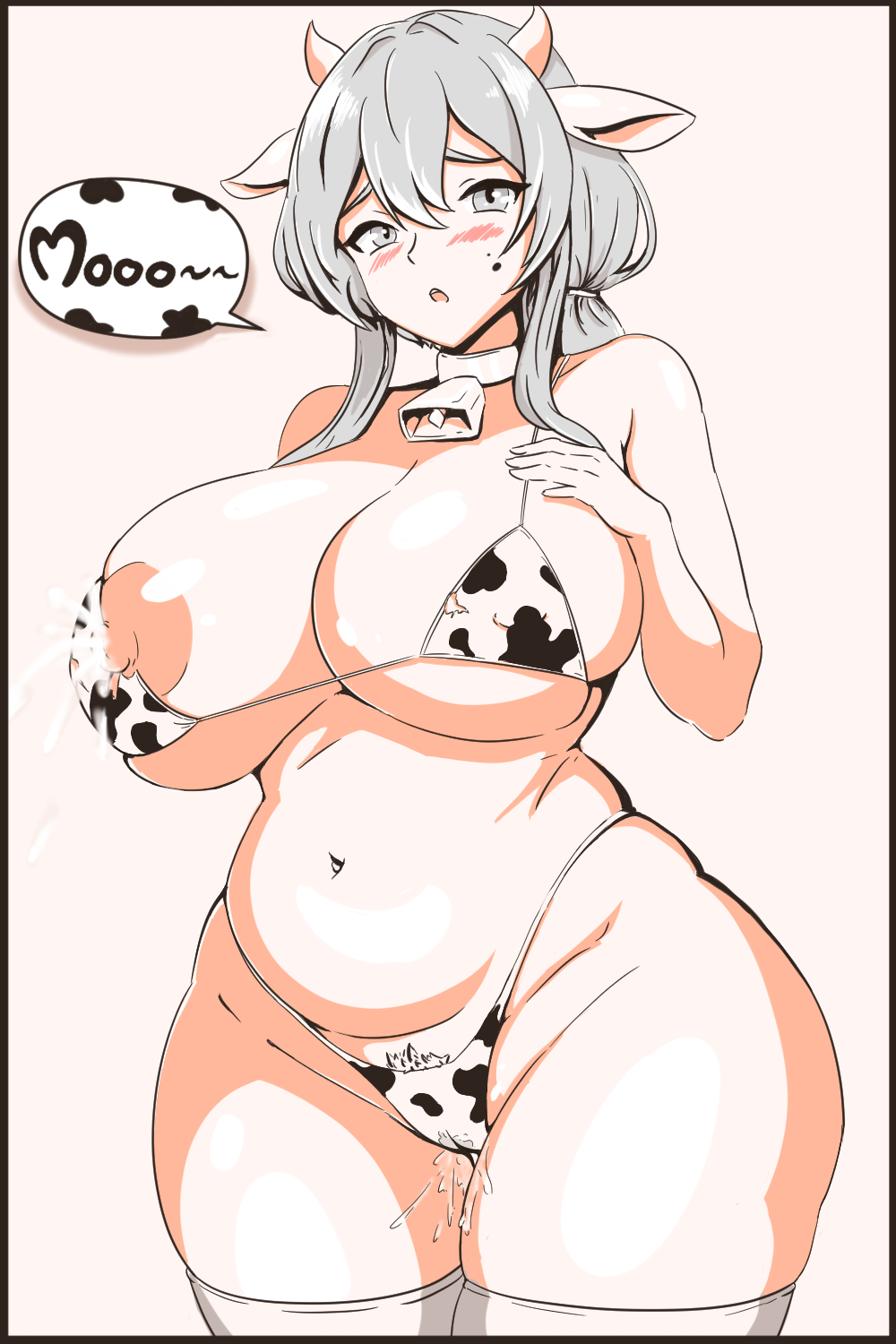 animal humanoid, animal print, animal print bikini, areola, areola slip, ass, bell, bell collar, big breasts, big butt, bikini, blush, bodily fluids, bovid, bovid humanoid, bovine, bovine humanoid, breast milking, breasts, camel toe, cameltoe, cattle humanoid, choker, cleavage, clothed, clothing, collar, cow ears, cow girl, cow horns, cow print, cow print bikini, cowbell, cowgirl, curvy figure, ejaculation, female, genital fluids, grey hair, hair, hi res, horn, hornyskull (artist), huge breasts, humanoid, jewelry, lactating, leaking milk, legwear, long ears, long hair, mammal, mammal humanoid, markings, milk, mole (marking), necklace, nipples, open mouth, pattern bikini, pattern clothing, pattern swimwear, pubes, pubic hair peek, pussy, pussy juice, pussy juice drip, slightly chubby, solo, solo focus, swimwear, text, thick thighs, thigh highs, torn clothing, two-piece swimsuit, vaginal fluids, vaginal squirting, wide hips