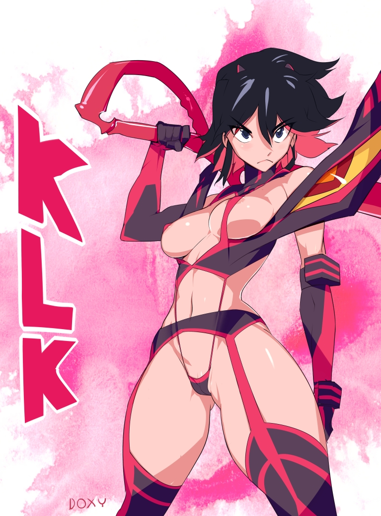 1girls, areola slip, areolae, black hair, blue eyes, breasts, doxy, female, garter belt, garter straps, gloves, hips, hourglass figure, kill la kill, matoi ryuuko, navel, revealing clothes, scissor blade, senketsu, short hair, skimpy, solo, standing, suspenders, sword, thigh boots, thighhighs, thighs, thong, two-tone hair, weapon, wide hips