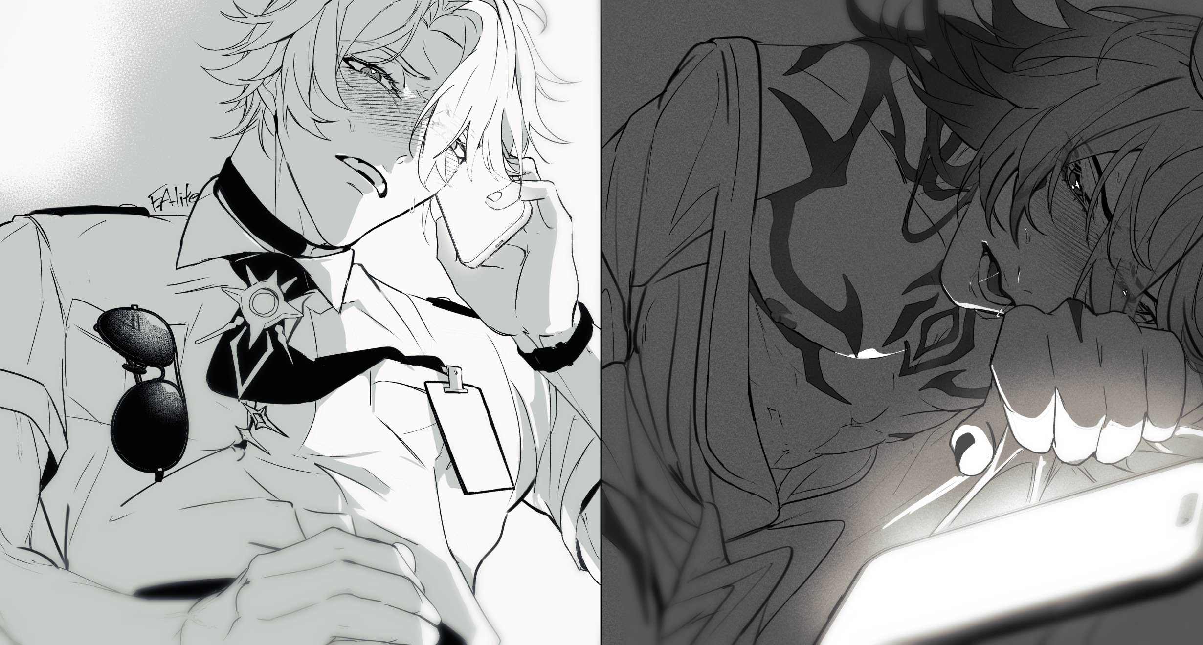 gay, greyscale, honkai: star rail, implied masturbation, male, masturbation, monochrome, mutual masturbation, mydei (honkai: star rail), phaidei (honkai: star rail), phainon (honkai: star rail), phone, phone sex, yaoi