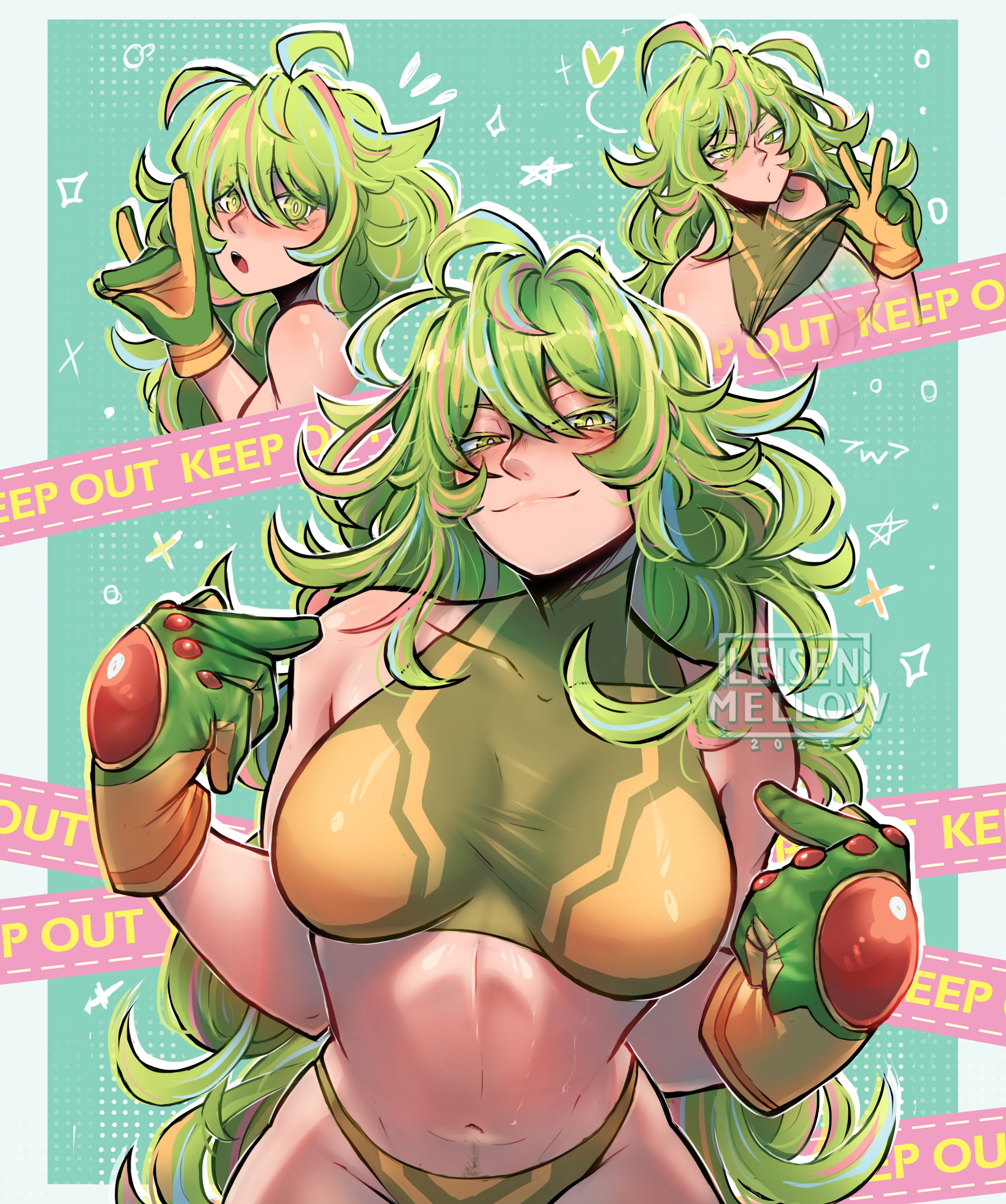 1girls, artist watermark, big breasts, boku no hero academia, breasts, busty, curvy, female, gloves, green eyes, green hair, green-haired female, leisen mellow, light skin, light-skinned female, midriff, my hero academia, my hero academia (finale), pointing at self, post-timeskip, pubic hair, pubic hair peek, smug smile, tight clothing, tooru hagakure, tooru hagakure (post-timeskip), tooru hagakure (visible)