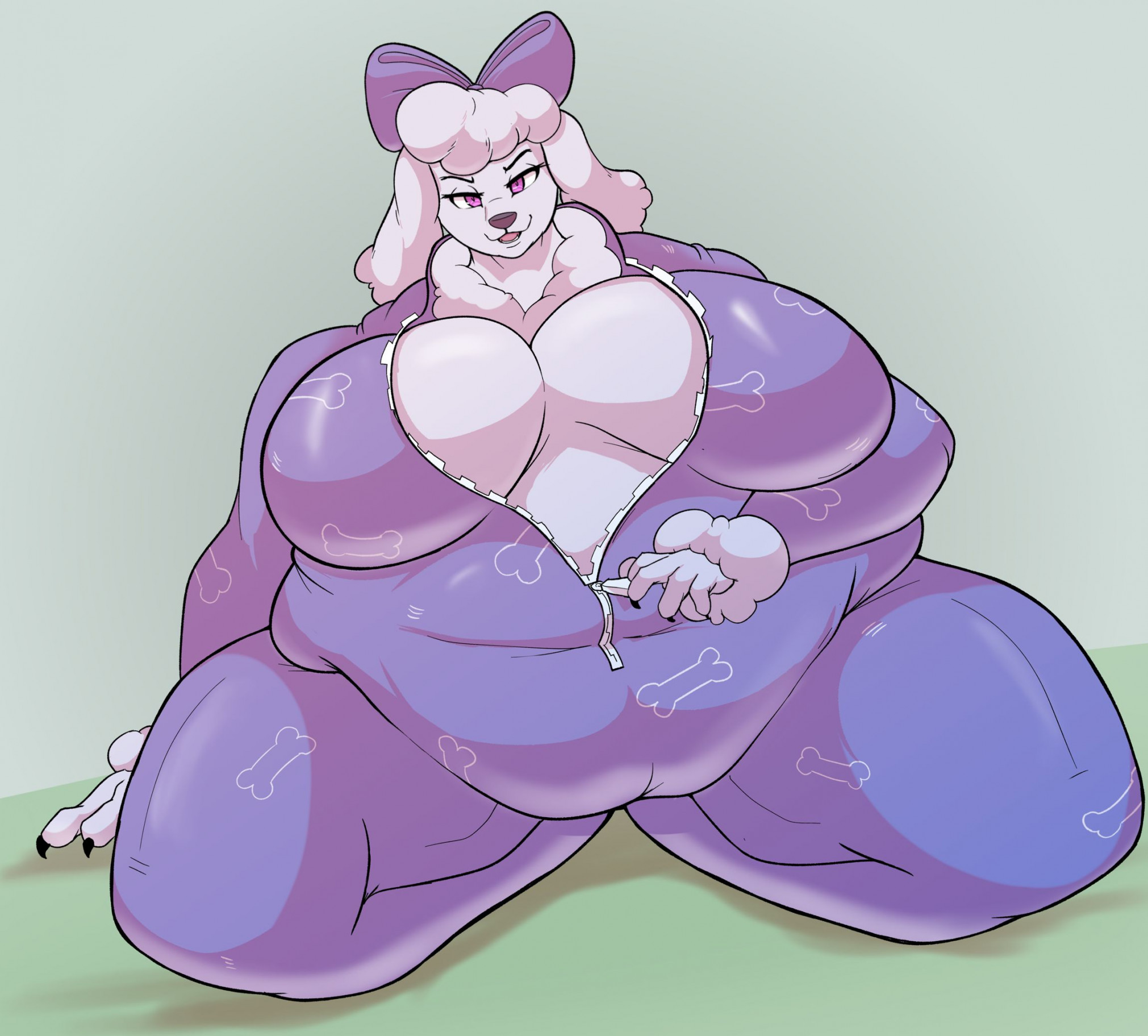 1girls, anthro, bbw, bee-unit, belly, belly overhang, bodysuit, breasts, canine, canine humanoid, cleavage, fat, female, female focus, female only, fortnite, fortnite: battle royale, furry, hairbow, hips, lady poodlina, large breasts, on knees, overweight, overweight female, poodle, pulling down zipper, purple eyes, seductive, seductive look, stomach, thick thighs, thighs, unnamed poodle (fortnite), weight gain, white fur, white hair, wide hips, zipper, zipper down