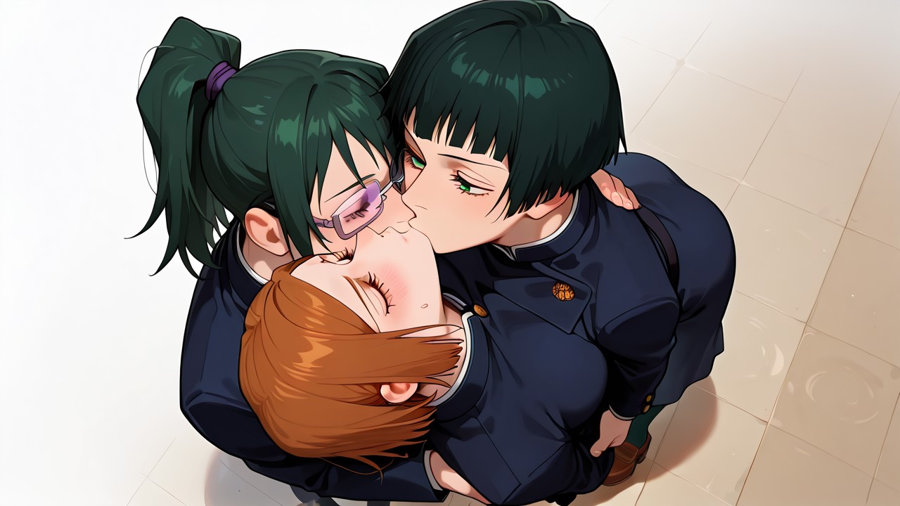 3girls, ai generated, bob cut, brown eyes, brown hair, closed eyes, fazepepinito24, female, female only, glasses, green eyes, green hair, group kiss, group kissing, incest, jujutsu kaisen, kissing, kissing chin, kugisaki nobara, maki zenin, nobara kugisaki, purple glasses, sisters, triangle, triple kiss, yuri, zenin mai, zenin maki