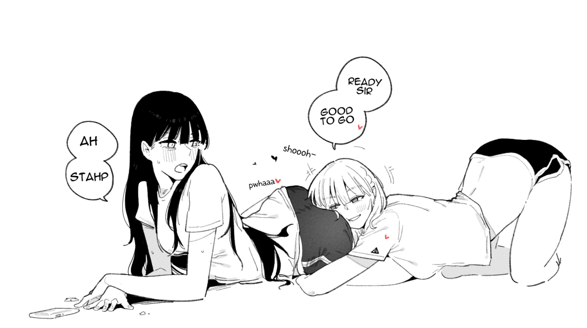 2girls, ass, ass worship, blush, cellphone, comic, cookie, dolphin shorts, english text, face in ass, female commander (girls' frontline), female only, food, girls' frontline, greyscale, grin, head on ass, hug, huqu, lesbian sex, long hair, looking at another, lying, midriff, monochrome, multiple girls, on stomach, phone, rpk-16 (girls' frontline), shirt, shorts, smartphone, smile, sweat, t-shirt, text, text bubble, white background, yuri