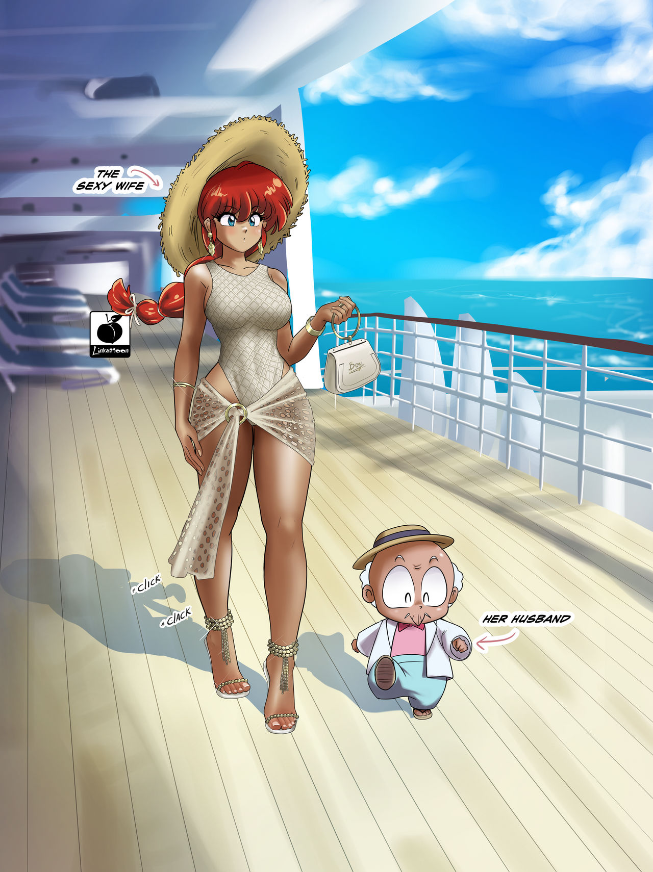 1boy, 1girls, age difference, cruise ship, dirty old man, female, handbag, happosai, height difference, high heels, holiday, husband and wife, larger female, linkartoon, male, old male, old man, older male and younger female, provocative clothing, ranma 1/2, ranma saotome, ranma-chan, red hair, secretly loves it, sexy body, sexy dress, sexy woman, shorter male, size difference, smaller male, straw hat, swimsuit, taller female, trophy wife, younger female