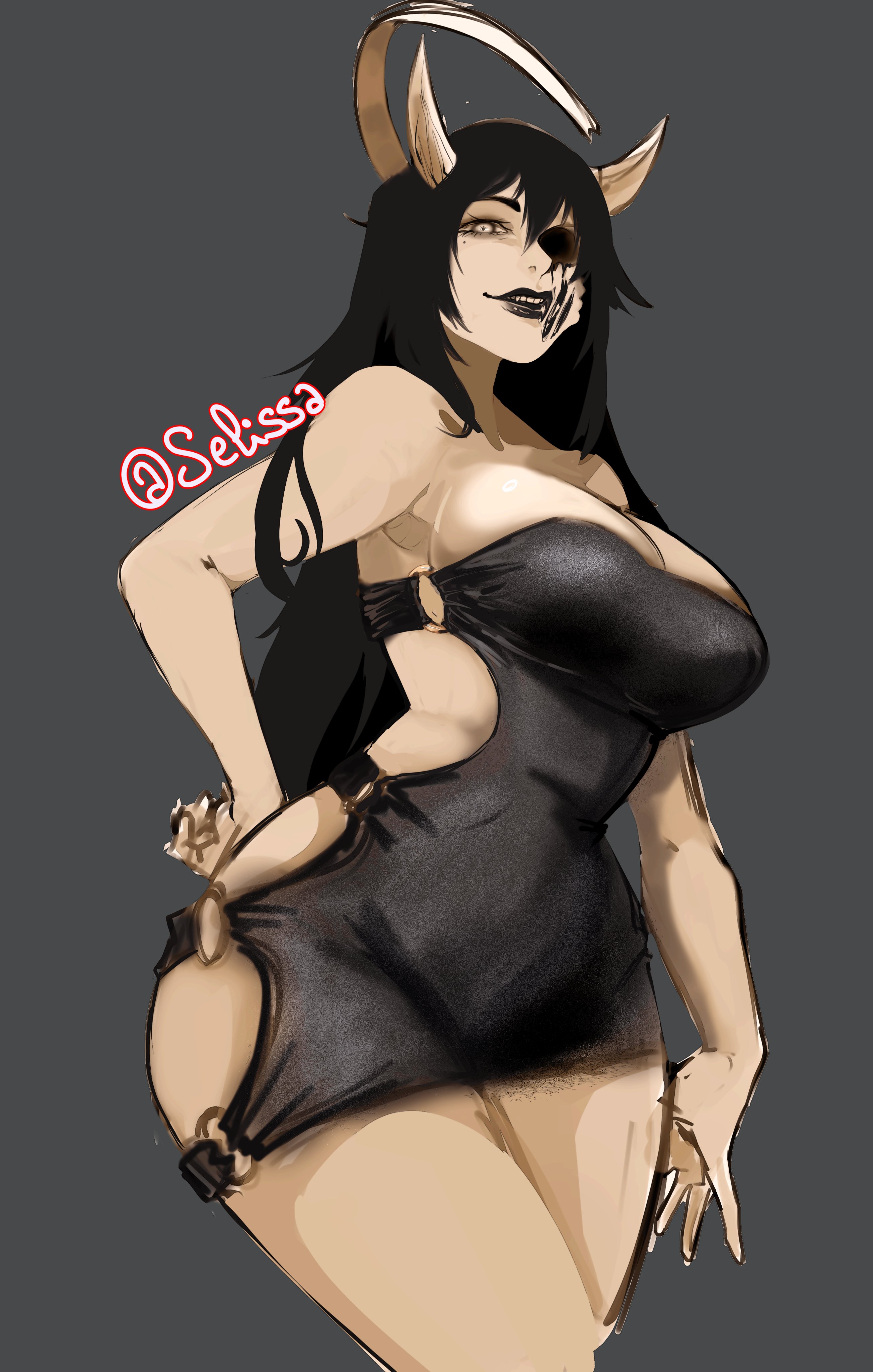 1 eye, alice angel, angel, barely clothed, barely contained, bendy and the ink machine, big breasts, black hair, breasts, female, horns, huge breasts, pear-shaped figure, selissa, solo, susie campbell, thick thighs, tight clothes, tight clothing, twisted alice, wide hips