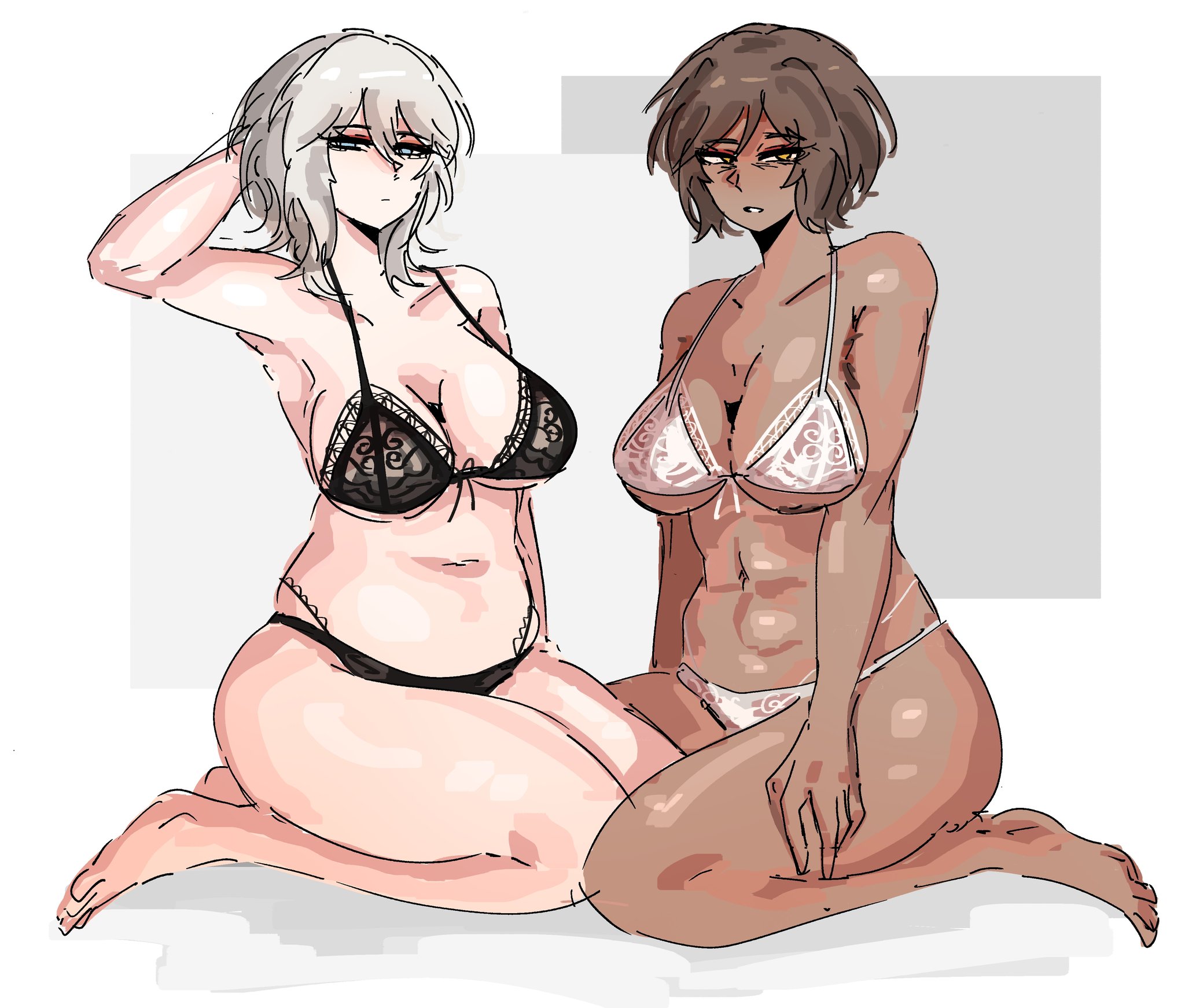 2girls, abs, arczaeon, armpits, bra, breasts, dark skin, dark-skinned female, faust (limbus company), female, female only, human, kneeling, large breasts, limbus company, lingerie, lingerie only, mature female, outis (limbus company), panties, project moon, slightly chubby