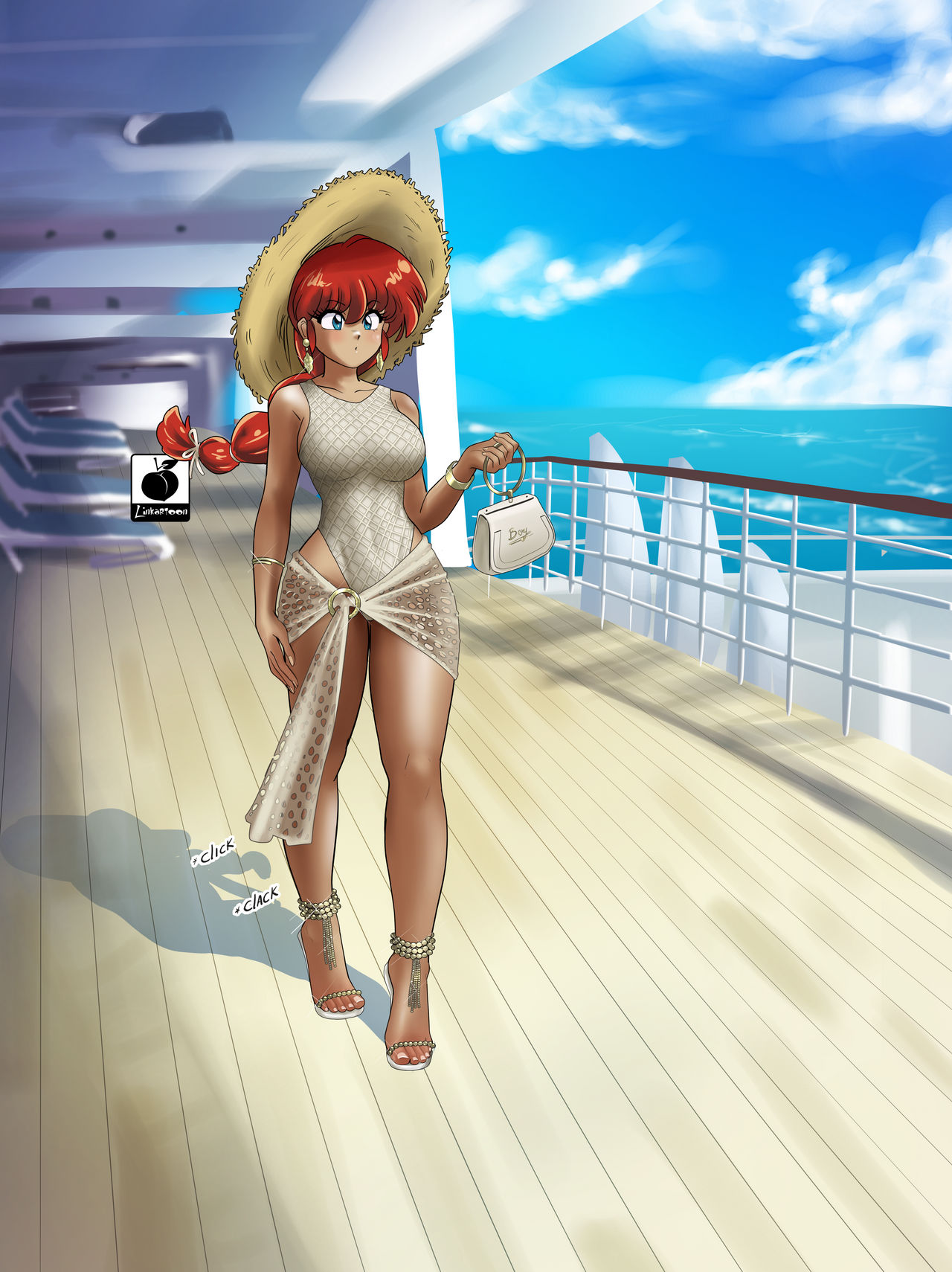 cruise ship, erotic costume, female, handbag, happosai, high heels, holiday, husband and wife, linkartoon, ponytail, provocative clothing, ranma 1/2, ranma saotome, ranma-chan, red hair, secretly loves it, sexy body, sexy dress, sexy woman, straw hat, swimsuit, trophy wife