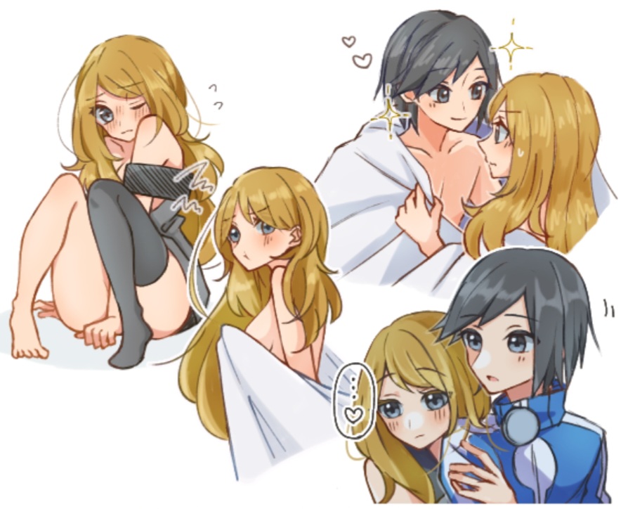 1boy, 1girls, black hair, black thighhighs, blush, breasts, brown hair, calem (pokemon), couple, female, grey eyes, hand between legs, heart, honey hair, looking at another, male, multiple views, nintendo, one eye closed, pokemon, pokemon xy, pout, rain (tonight 862), serena (pokemon games), serena (pokemon), sideboob, single thighhigh, smile, sparkles, straight, thighhighs