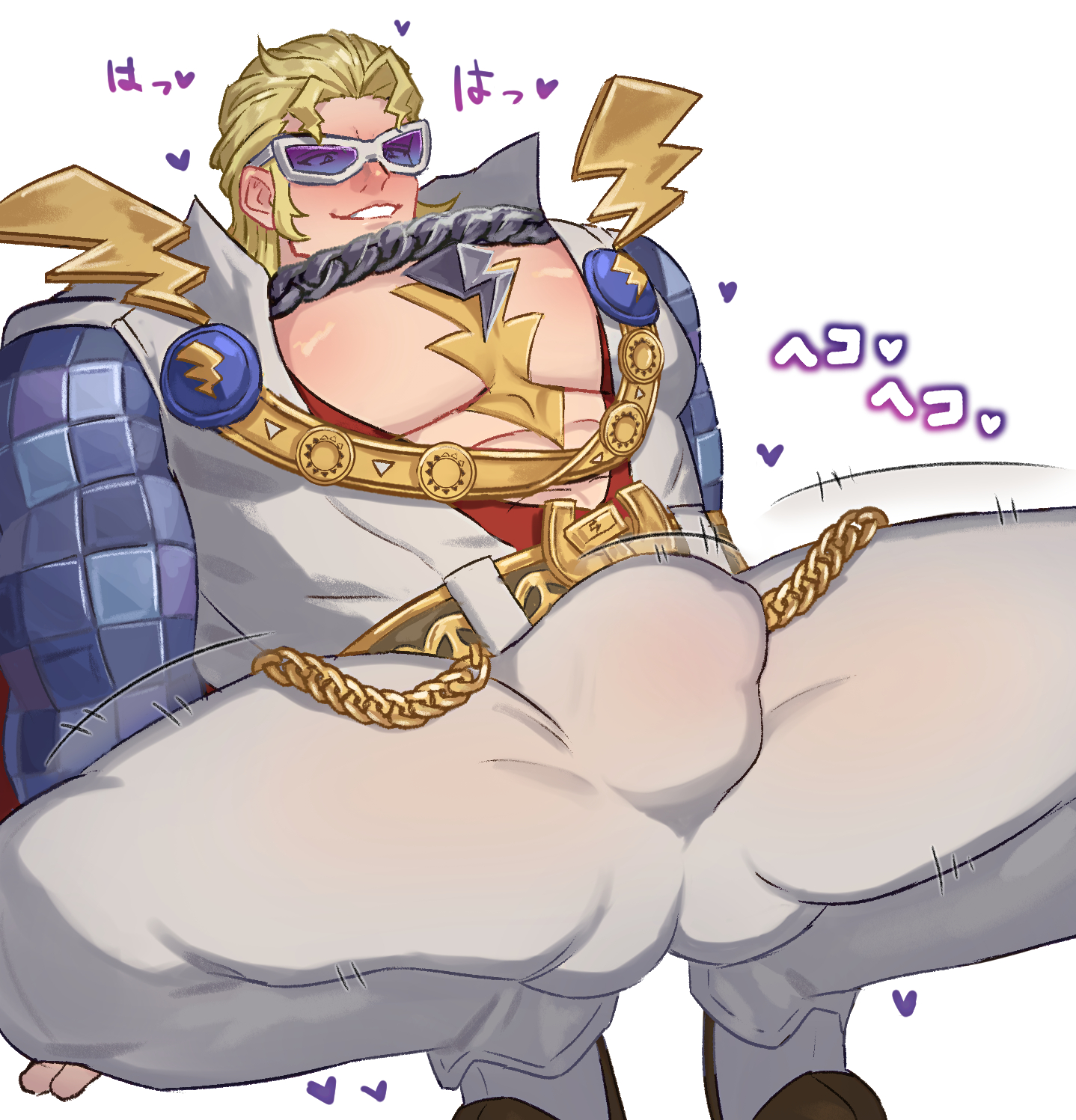 bara, big pecs, blonde hair, bulge, lokisushi, male, male focus, male only, marvel, marvel rivals, muscular, muscular male, solo, sunglasses, thor (boogie bolt), thor (marvel rivals), thor (marvel)