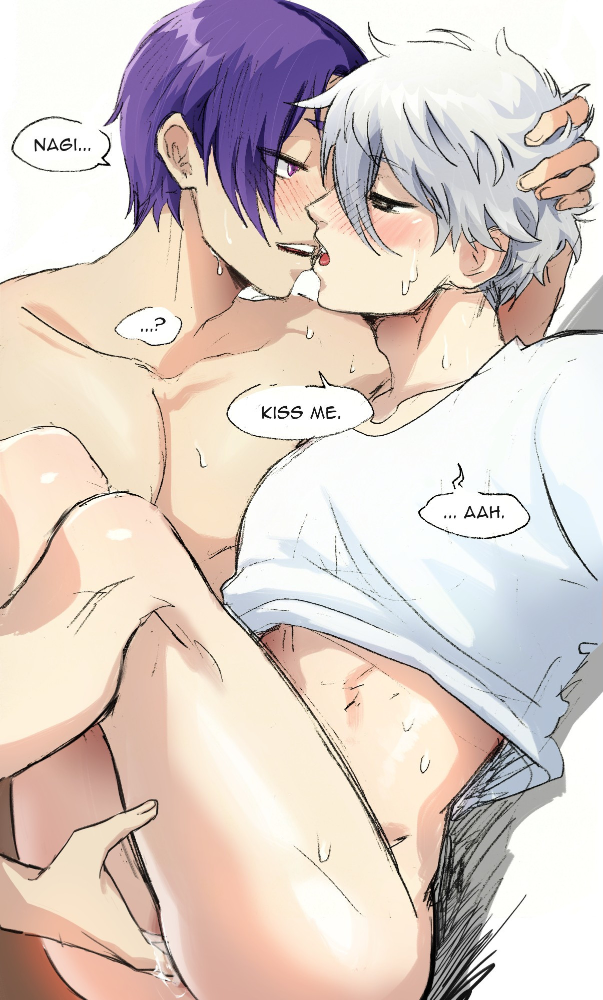 2boys, blue lock, blush, clothes lift, clothing, dialogue, english text, fingering, fingering partner, gay, gay sex, holding head, holding partner, kissing, looking at another, male, male only, muscular, muscular male, nagi seishiro, open mouth, pecs, purple eyes, purple hair, reo mikage, ryuichirouart, sweat, sweating, text, text bubble, thighs, twink, white hair, yaoi
