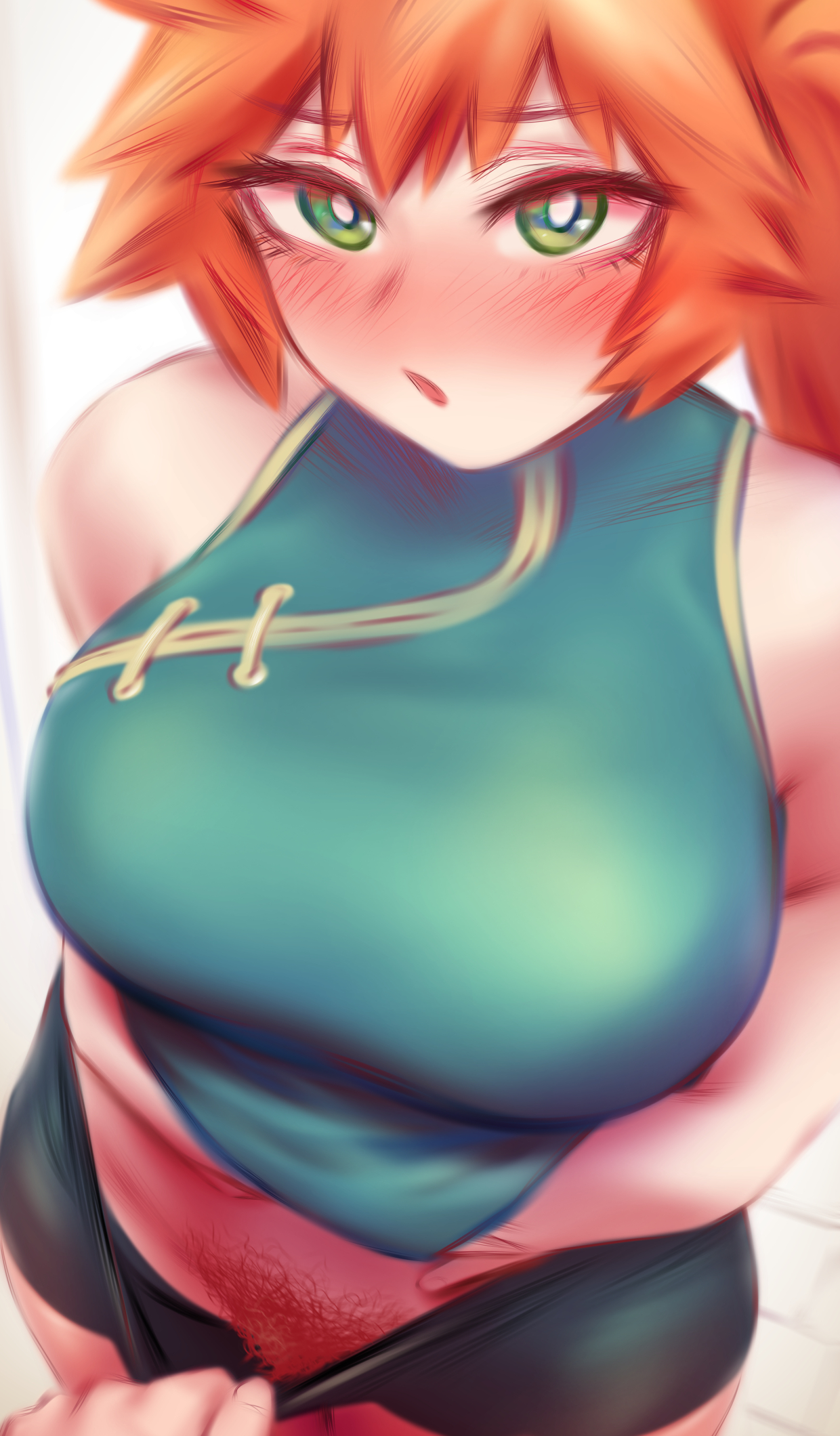 1girls, bare shoulders, blush, breasts, female, hero outfit (mha), itsuka kendou, large breasts, looking at viewer, my hero academia, no panties, no panties under shorts, orange hair, orange-haired female, pubic hair, pussy, shorts, shpo, sports shorts, tagme, teenager