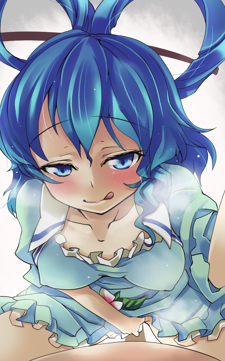 1boy :p blue_eyes blue_hair blush cowgirl_position dress female guided_penetration hair_ornament hair_rings hair_stick highres male nanatsuhane nipples penis seiga_kaku sex short_hair smile solo_focus straddling straight tongue tongue_out touhou under_skirt vaginal_penetration vest