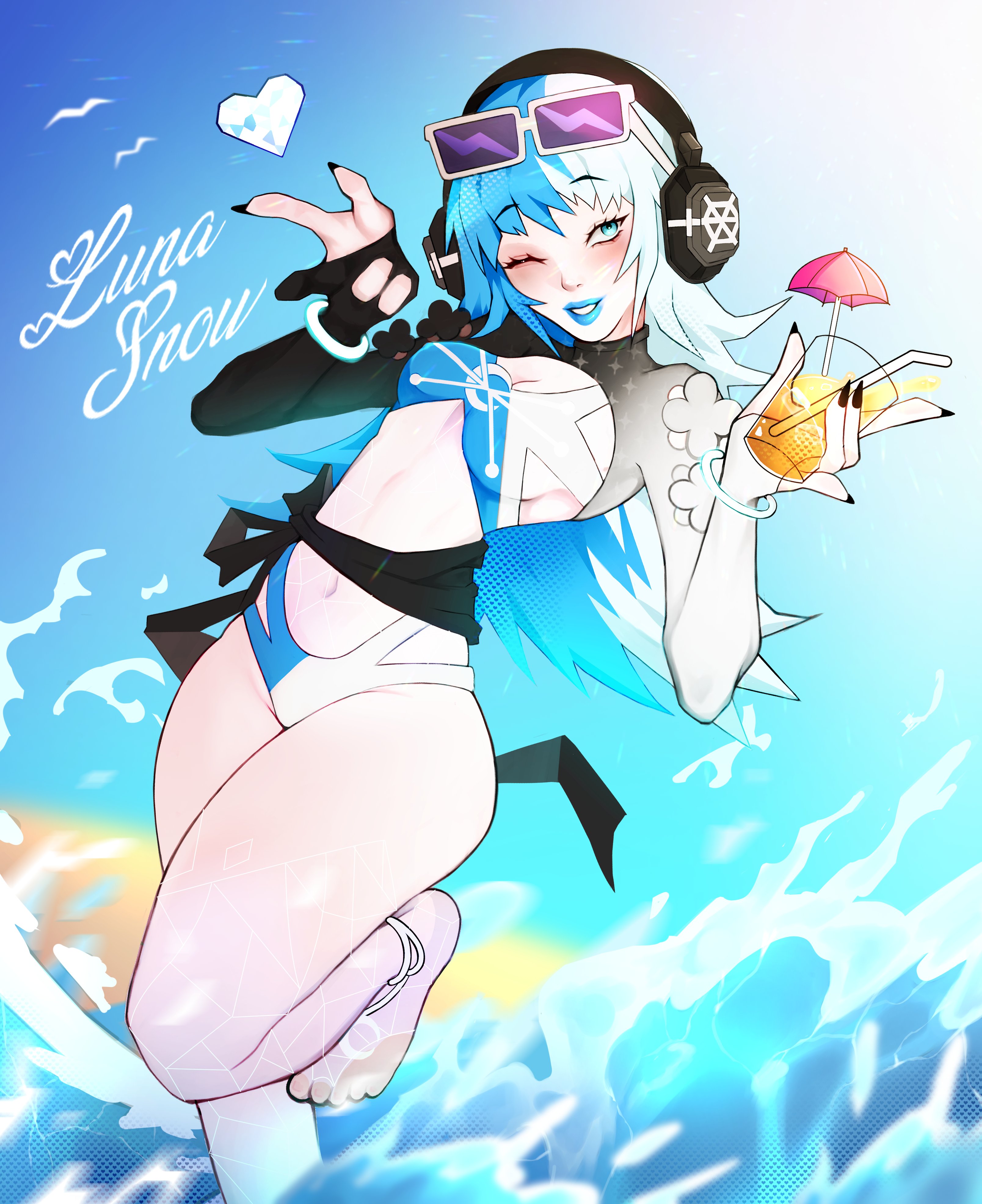 1girls, black nails, blue lipstick, cleavage, drink, female, female only, headphones, lipstick, luna snow, luna snow (cool summer), luna snow (marvel rivals), marvel, marvel comics, marvel rivals, nail polish, sa6leye, sunglasses, swimsuit, thick thighs