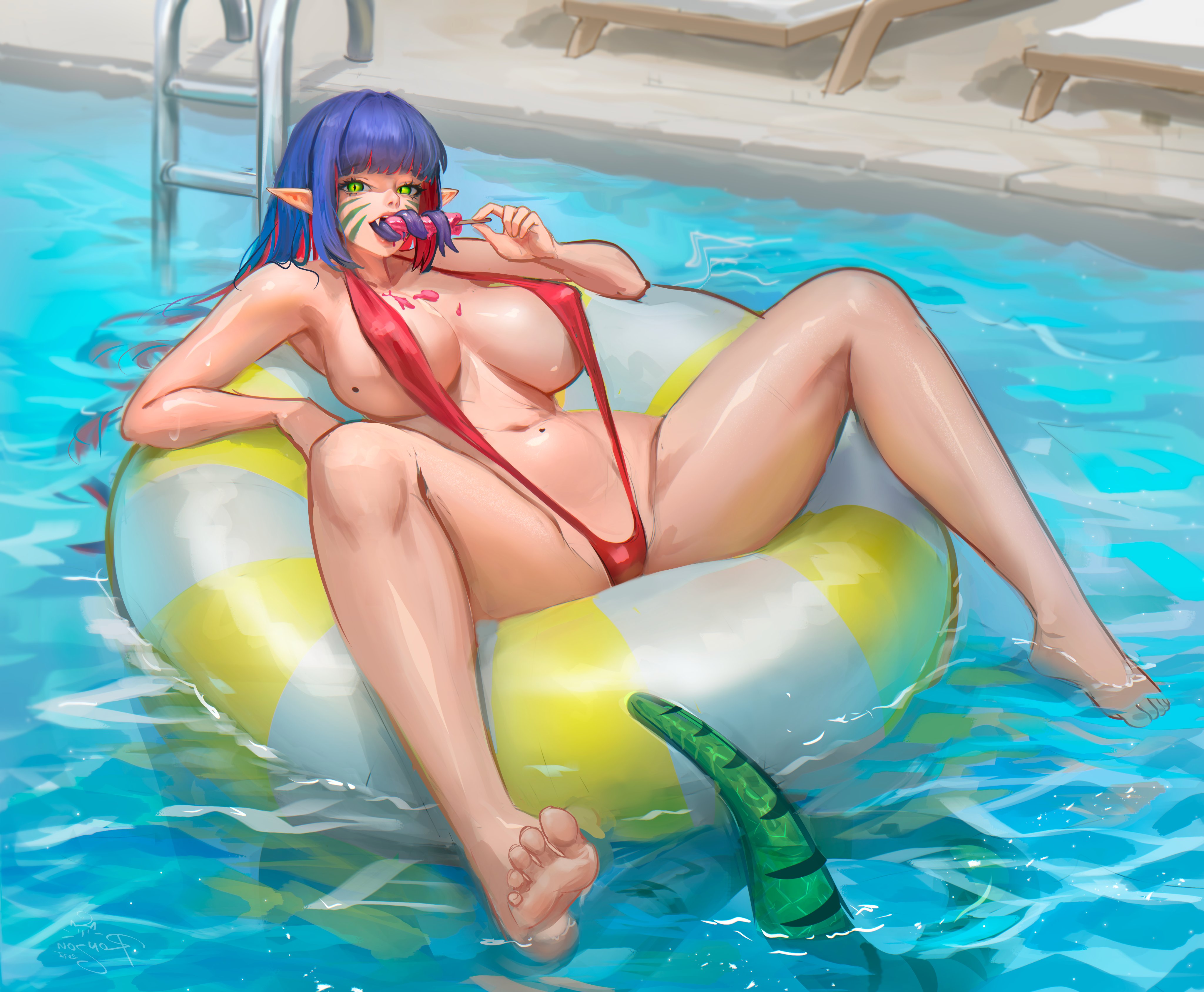 1girls, 2025, absurd res, big breasts, blue hair, breasts, female, female only, forked tongue, green eyes, hime cut, inflatable, long hair, long tongue, looking at viewer, mole, mole on breast, mole on stomach, nipple bulge, one-piece swimsuit, pointy ears, pool, popsicle, red hair, ronjou14, sabrina (chocolatel1zard), slingshot swimsuit, slit pupils, snake girl, snake tail, solo, tail, two-tone hair, water