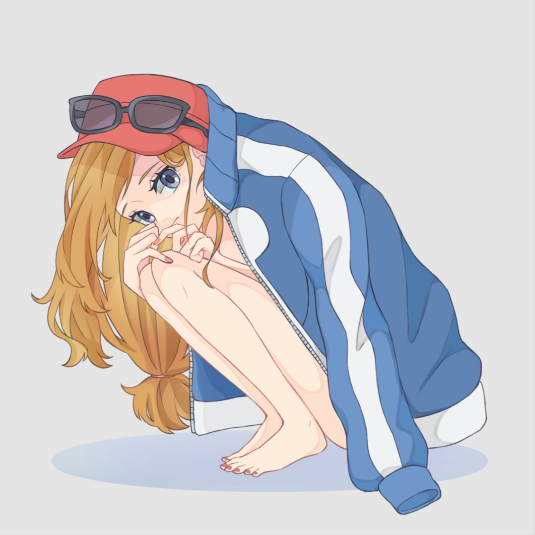 1girls, blue jacket, borrowed clothes, brown hair, female, female only, grey background, grey eyes, jacket, looking at viewer, nail polish, naked, naked jacket, nintendo, nude, nude female, pokemon, pokemon xy, rain (tonight 862), serena (pokemon games), serena (pokemon), solo, squatting, toenail polish