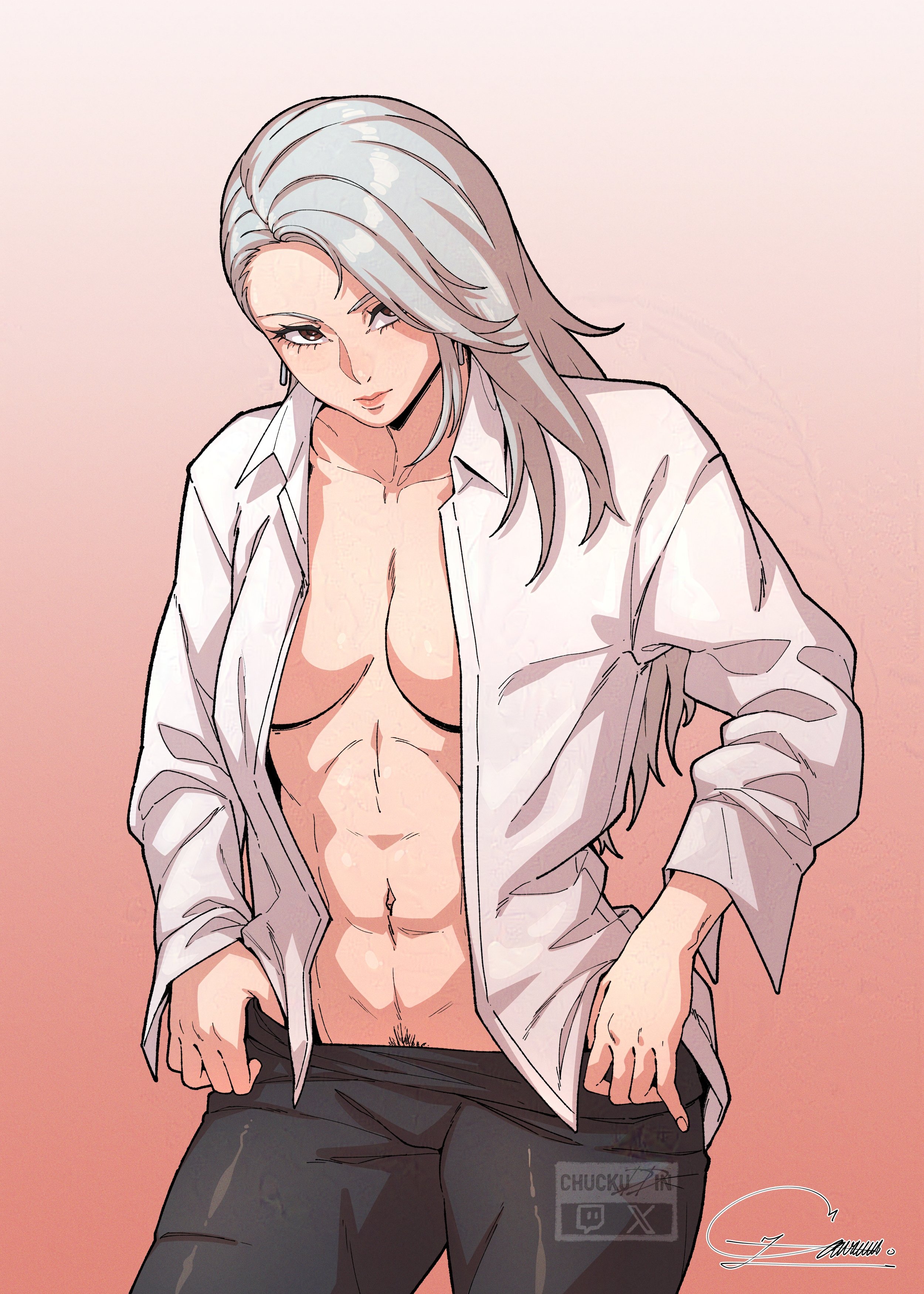 abs, athletic, athletic female, atlus, breasts, chuckuddin, clothed, clothes, clothing, female, female focus, female only, long hair, long hair female, muscular, muscular female, older female, persona, persona 5, sae niijima, silver hair, unbuttoned, unbuttoned shirt