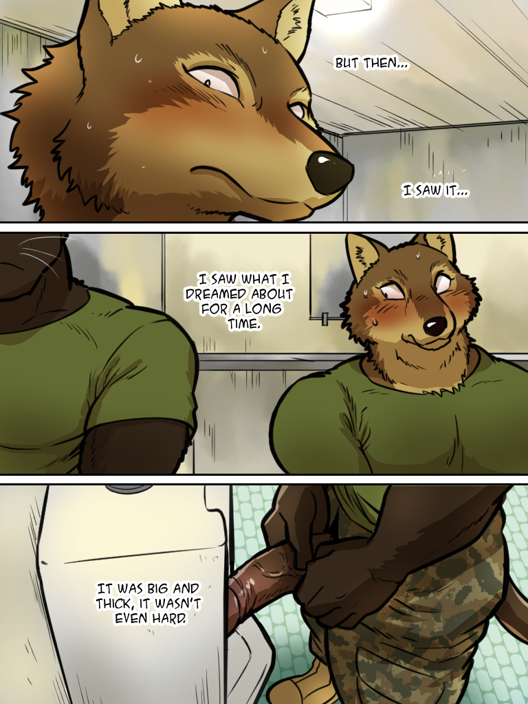 2014 abs anthro army ass big_penis blush camo canine coal_(maririn) comic english_text feline fur furry furry_only gay male male_only mammal maririn military mondo muscles panther pecs penis penis_through_fly text urinal wolf yaoi