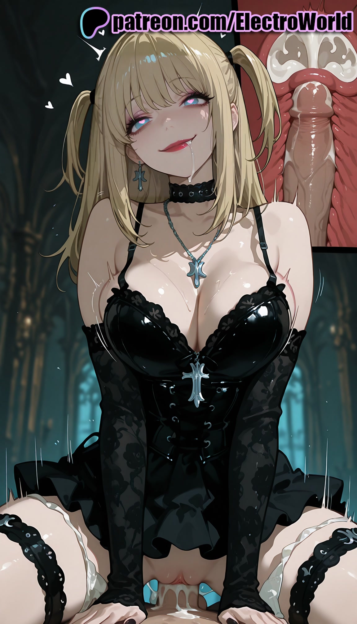 1boy, 1girls, 2025, ai generated, artist name, blurry, blurry background, breasts, bust, chest, choker, cock, cowgirl position, cross, cross necklace, cross section, cum, cum in pussy, death note, deep penetration, depth of field, dick, ejaculation, electroworld, female, female on top, fucking, heart, heart-shaped pupils, hi res, high quality, high resolution, highres, intercourse, internal cumshot, jewelry, leg garter, love making, male, misa amane, mole, necklace, panties, panties around one leg, patreon, patreon username, penetration, penis, pussy, riding, sex, sexual intercourse, solo focus, stable diffusion, straddling, straight, symbol-shaped pupils, thigh strap, uncensored, underwear, uterus, vaginal penetration, watermark, x-ray