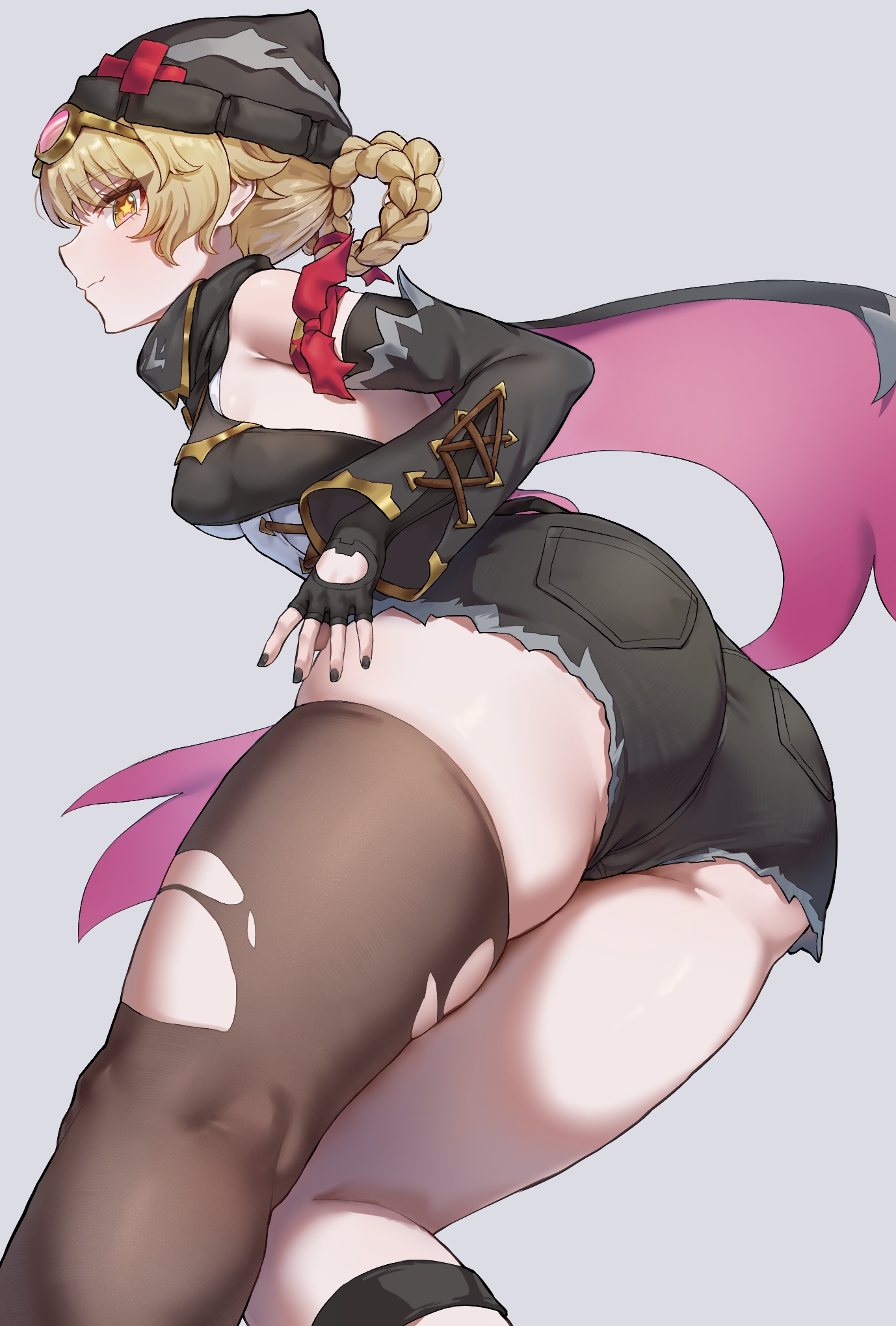 animal ear headwear, ass, black gloves, black nails, black shorts, braid, braided hair rings, closed mouth, clothing cutout, fake animal ears, female, fingerless gloves, fingernails, genshin impact, glove cutout, gloves, goggles, goggles on head, hair rings, highres, jahoda (genshin impact), kadokadokado, looking at viewer, pink-tinted eyewear, short shorts, shorts, simple background, smile, solo, thighhighs, thighs, tinted eyewear, torn clothes, torn thighhighs