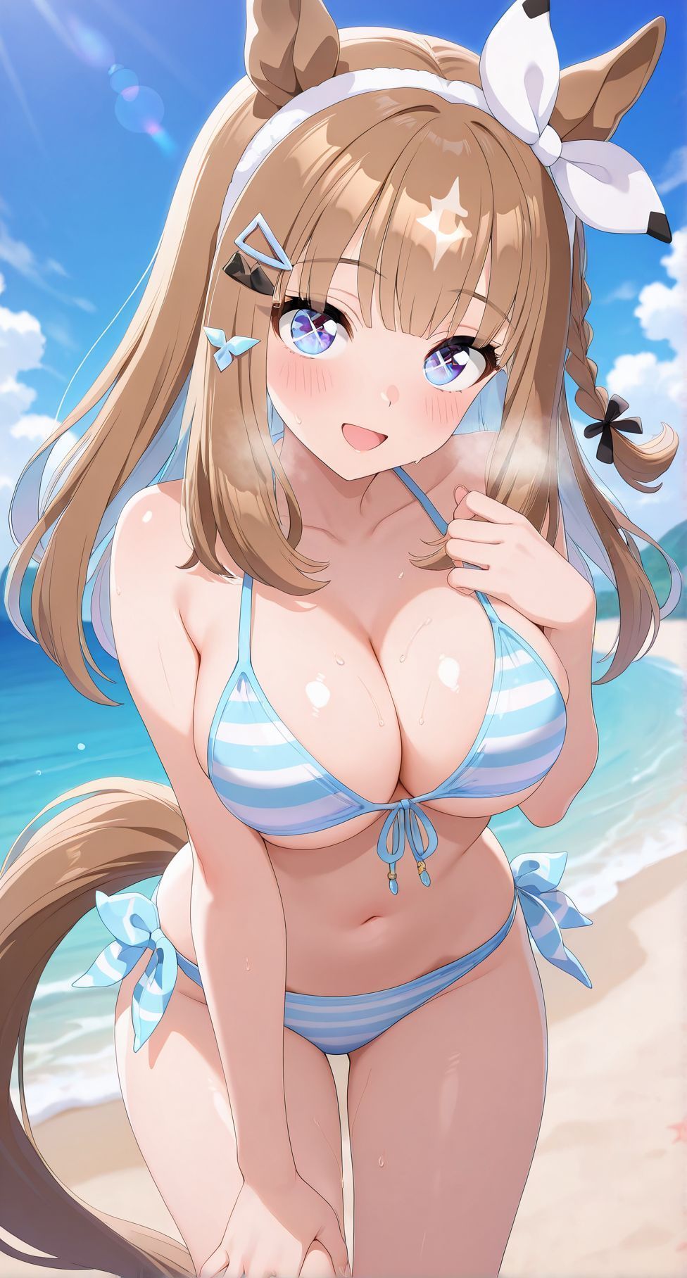 1girls, ai generated, almond eye (umamusume), belly, bikini, breasts, brown hair, female, large breasts, long hair, looking at viewer, umamusume
