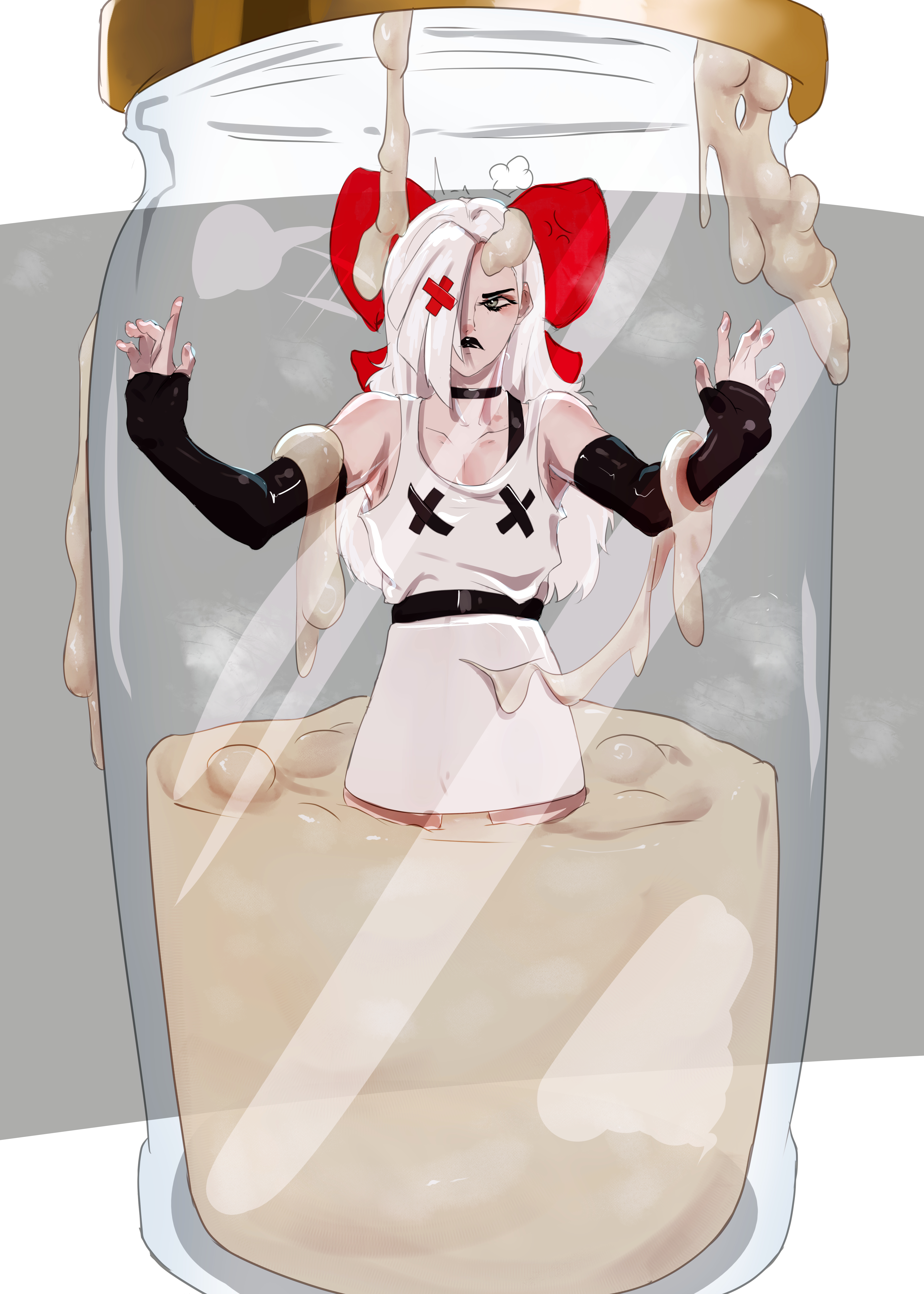 angry face, commission, cosplayer, cum, cum jar, furan sonoda, grey hair, grey skin, hands on glass, hazbin hotel, pouty lips, scowl, staring at viewer, vaggie (hazbin hotel)
