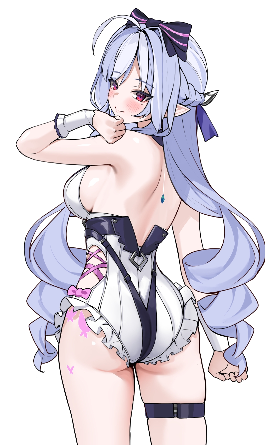 1girls, ass, breasts, exposed breasts, female, hoyoverse, legs, long hair, mihoyo, official alternate costume, purple hair, red eyes, sideboob, swimsuit, vivian banshee, vivian banshee (iris of the shore), white swimsuit, zenless zone zero
