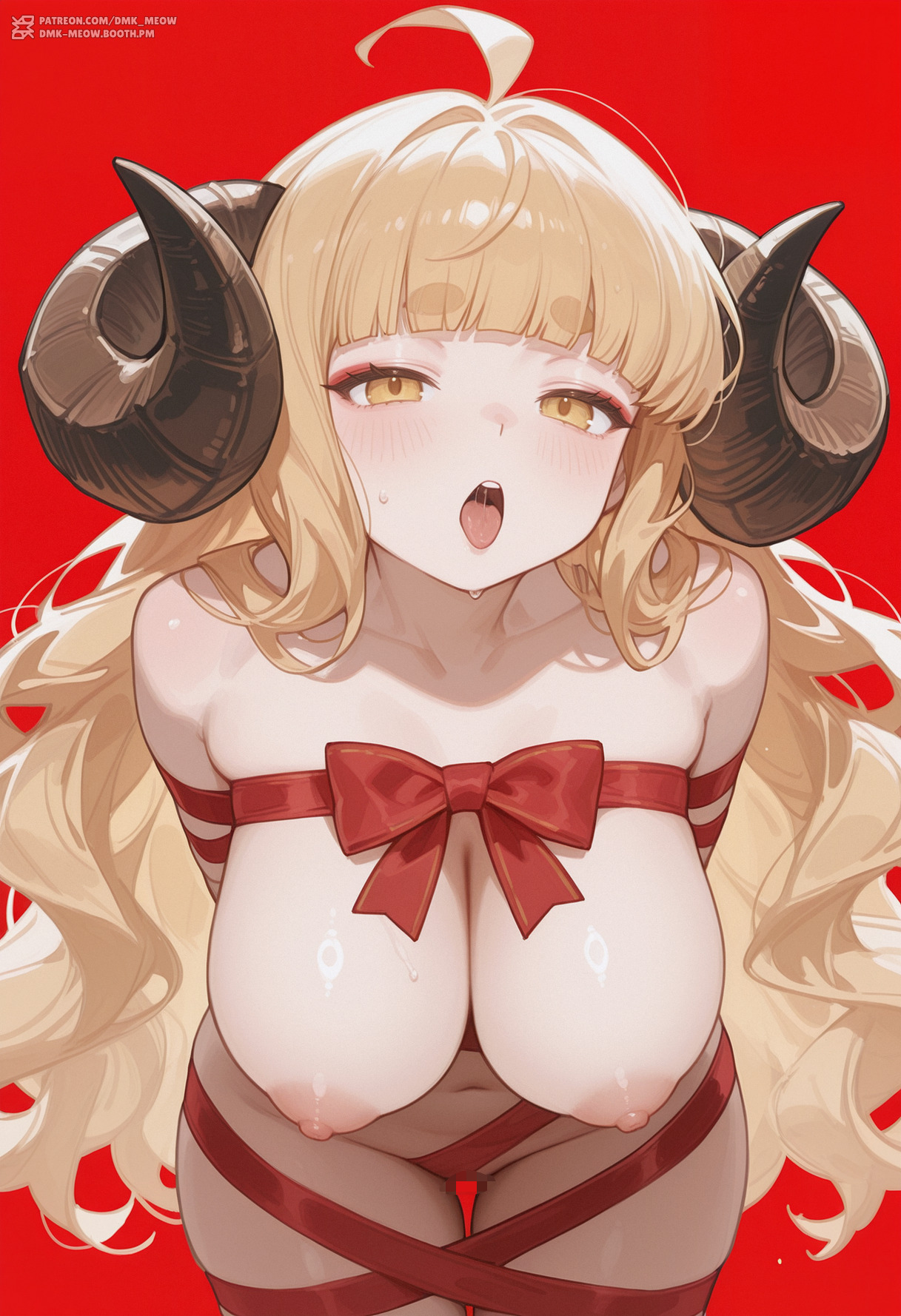 ahoge, ai generated, anila (granblue fantasy), arms behind back, bangs, blonde hair, blunt bangs, blush, bound, bound arms, breasts, brown horns, collarbone, curled horns, dmk meow, draph, eyeliner, female, hanging breasts, horns, large breasts, leaning forward, long hair, looking at viewer, makeup, naked ribbon, navel, nipples, nude, open mouth, red ribbon, ribbon, ribbon bondage, saliva, sheep horns, short eyebrows, solo, sweat, teeth, thick eyebrows, thigh gap, thighs, tongue, tongue out, very long hair, wavy hair, yellow eyes