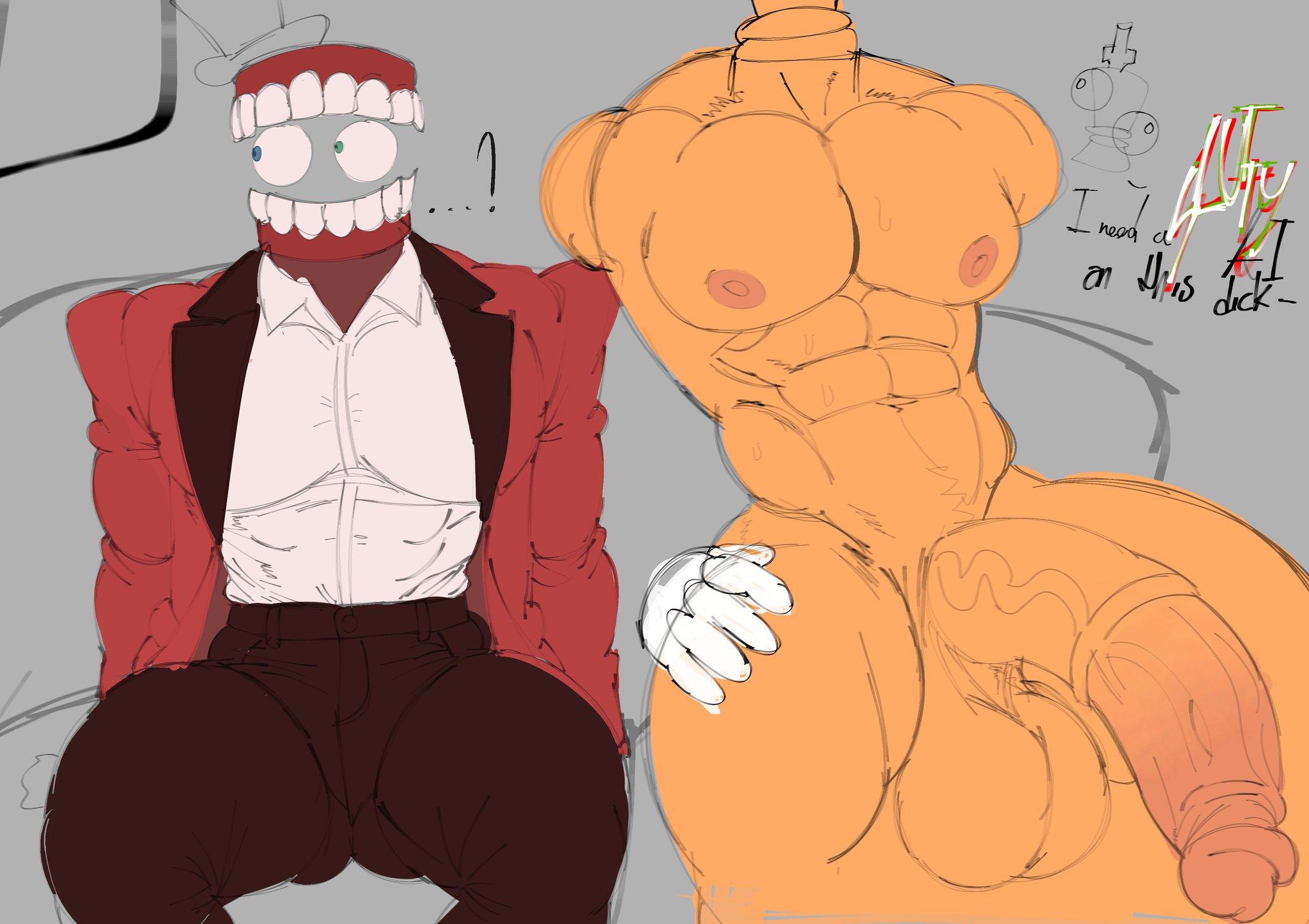 abs, anthro, awkward, big penis, caine (the amazing digital circus), chess piece, dick, freeposers, gloves, huge cock, kinger (the amazing digital circus), large balls, large thighs, male, male only, male/male, naked, nipples, penis, tadc, teeth, the amazing digital circus, veiny penis, wanting sex