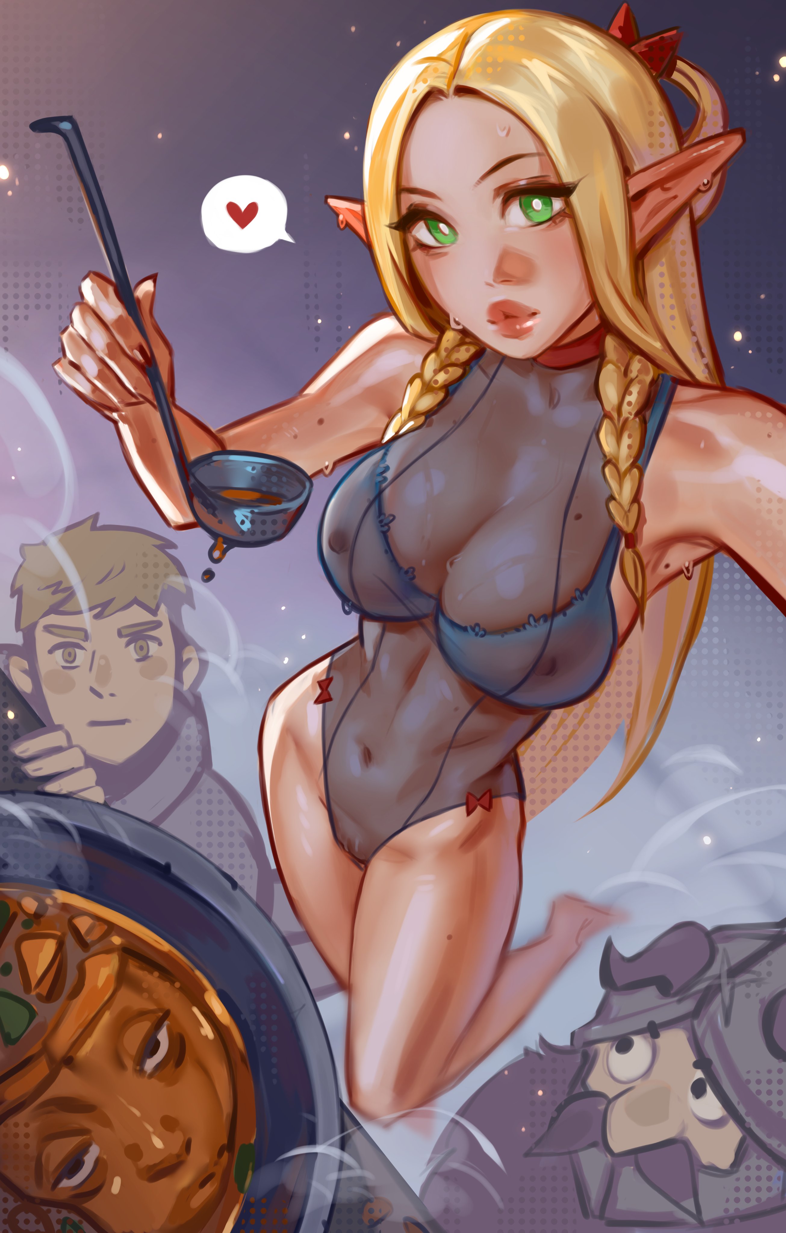 1girls, 2boys, barely clothed, big breasts, big thighs, blonde hair, bottomless, bra, bra only, braided hair, breasts, breasts out, cleavage, collar, cooking, dungeon meshi, exhibitionism, exposed breasts, exposed pussy, female, fit, fit female, food, food play, from above, heart, huge breasts, laios touden, large breasts, light skin, light-skinned female, looking at another, looking at viewer, male, marcille donato, misami, nipples, nipples visible through clothing, nude, partially clothed, pinup, pointy ears, public, pussy, pussy peek, selfie, selfie pose, senshi (dungeon meshi), shaved pussy, slim waist, sweat, swimsuit, swimsuits, thick legs, wet
