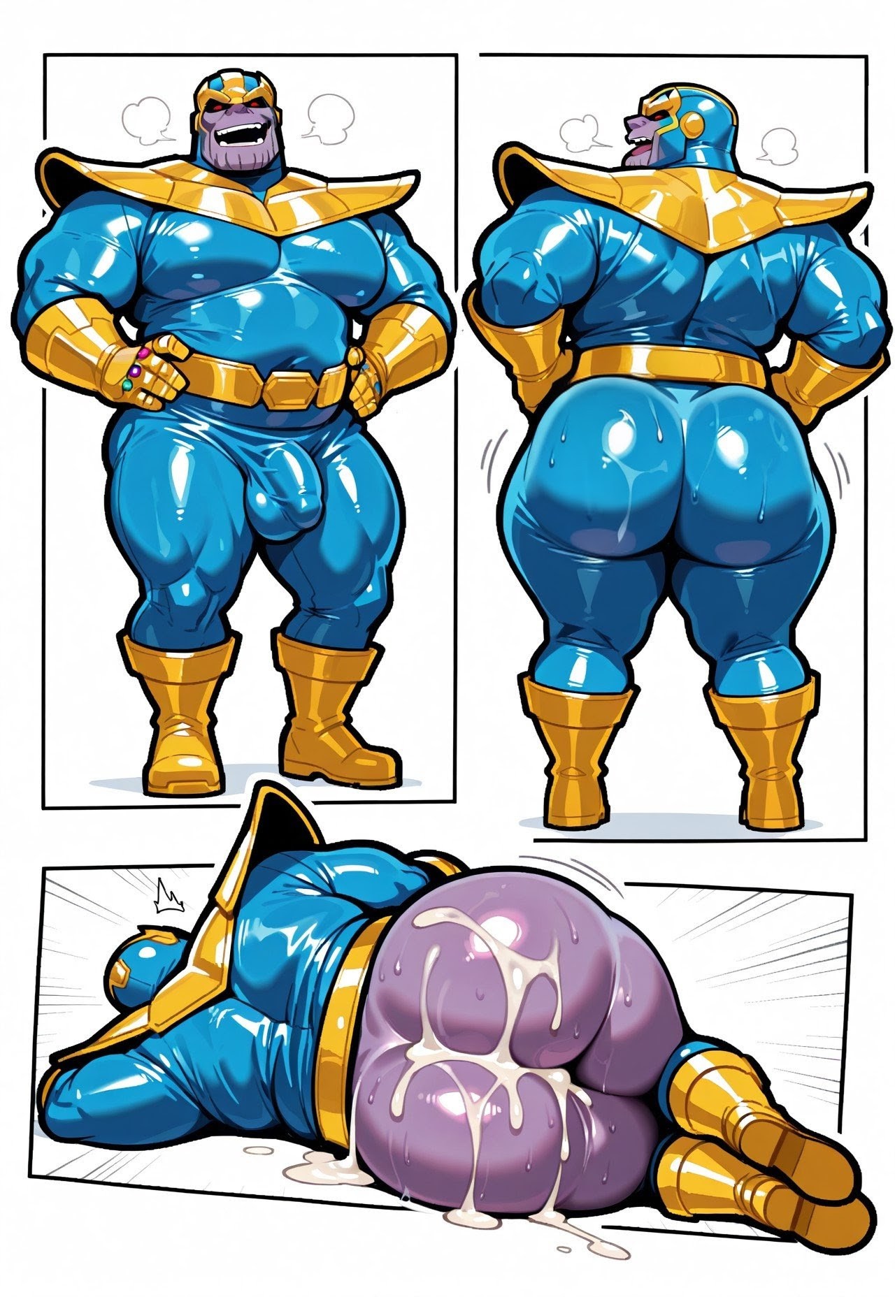 after sex, ai, ai generated, big ass, big ass (male), big butt, bottomless male, bulge, creampied, cum, cum between ass, cum between cheeks, cum in ass, cum inside, cum on ass, cum on cheeks, falsead, gay, heavy breathing, male, male only, marvel, marvel comics, post-sex, sweat, sweatdrop, sweaty ass, thanos, tight bodysuit, villain