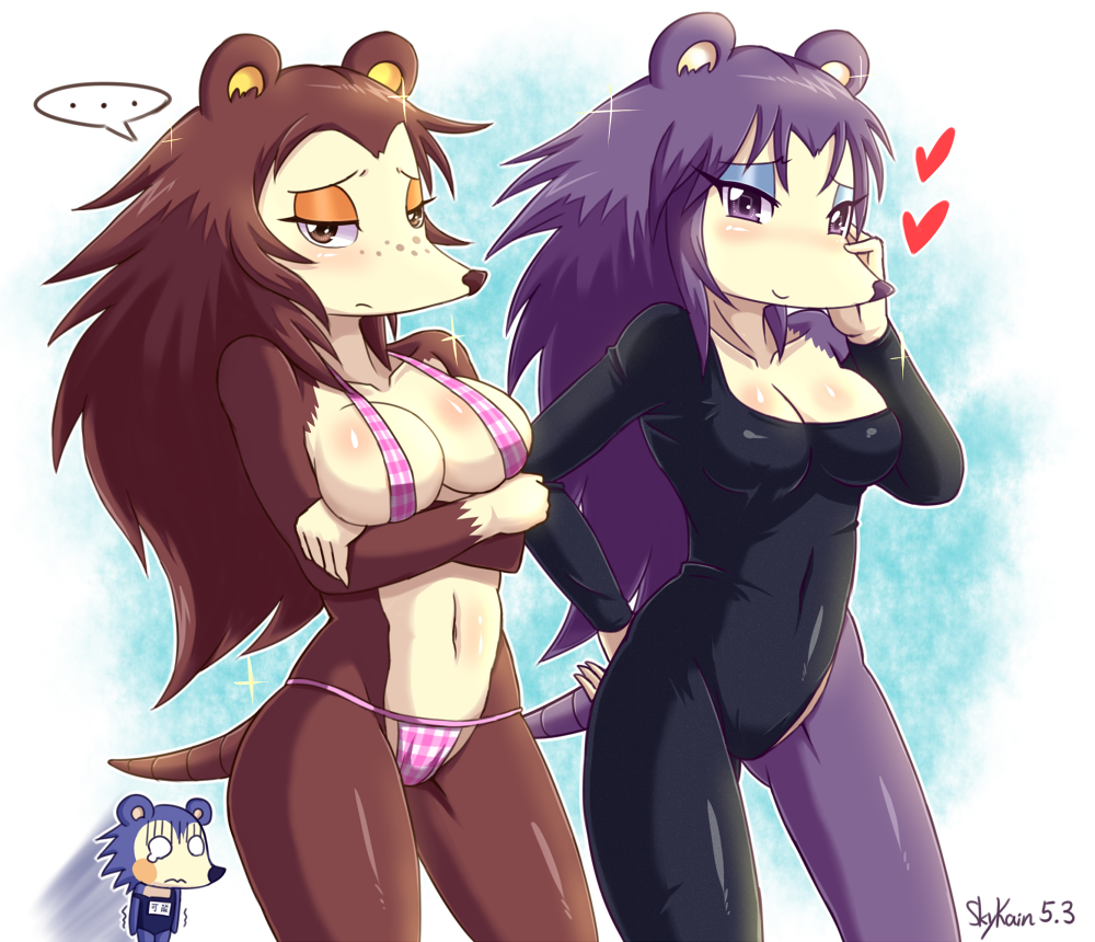 3girls animal_crossing bikini blue_fur blue_hair blush breasts brown_eyes brown_fur brown_hair cleavage female furry heart hedgehog labelle_able leotard mabel_able nintendo purple_eyes purple_fur purple_hair sable_able sibling sisters skykain tail text_bubble