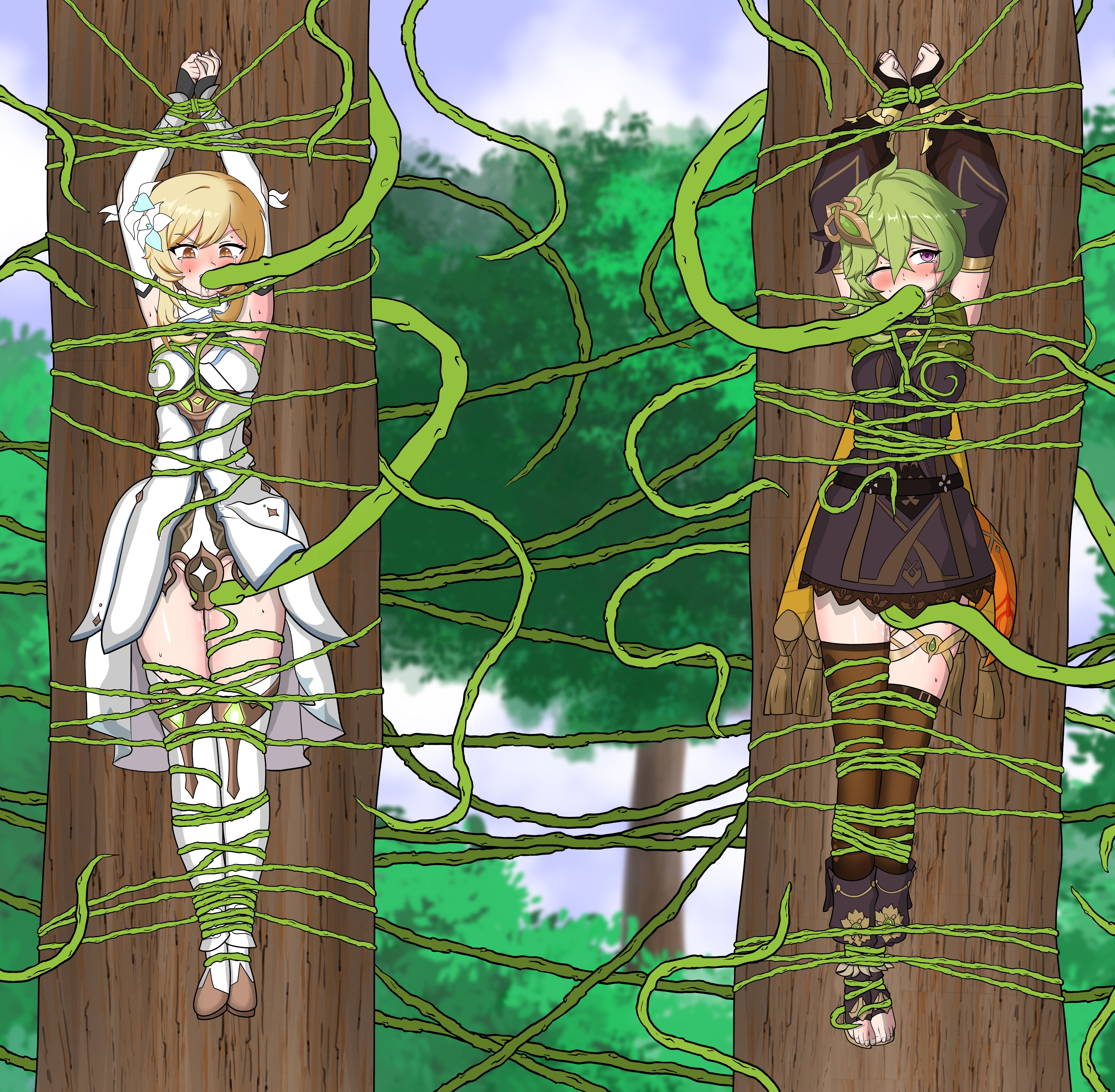 bondage, collei (genshin impact), gag, genshin impact, lumine (genshin impact), penetration, puffo, tentacle, vines