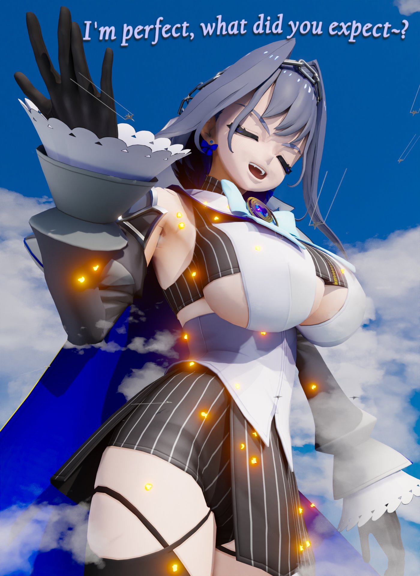 1girls, 3d, 3d (artwork), big breasts, blue hair, blue hair female, breasts, clothed, clothed female, explosion, female, giantess, goddess, happy, happy female, hietoreth, hololive, hololive english, hololive english -council-, hololive english -promise-, hyper giantess, large boobs, large breasts, light skin, light-skinned female, ouro kronii, smug, smug face, smug grin, underboob, virtual youtuber, vtuber