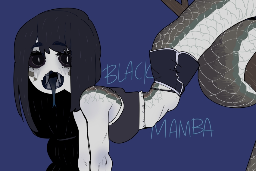 black hair, black mamba, black mamba (sparrowl), black sclera, blue background, blue tongue, blush, branch, colored sclera, colored tongue, fangs, female, forked tongue, highres, lamia, long hair, looking at viewer, monster girl, naga, open mouth, original, personification, scales, simple background, skirt, sleeveless, solo, sparrowl, tank top, tongue, white eyes