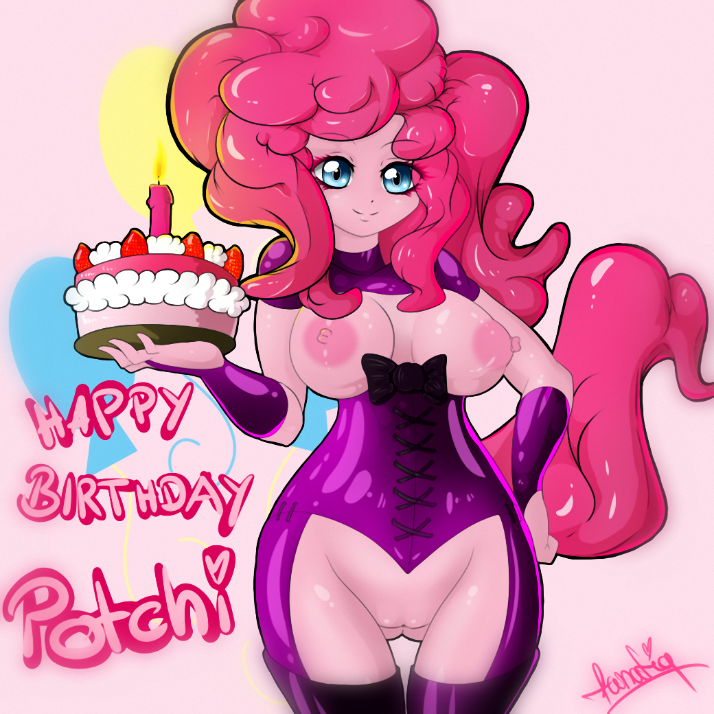 2014 anthro anthrofied big_breasts birthday_cake blue_eyes breasts cake candle clothing english_text equine fanatiq female food friendship_is_magic fur hair horse looking_at_viewer mammal my_little_pony nipples pink_fur pink_hair pinkie_pie_(mlp) pony pussy smile straight_hair text