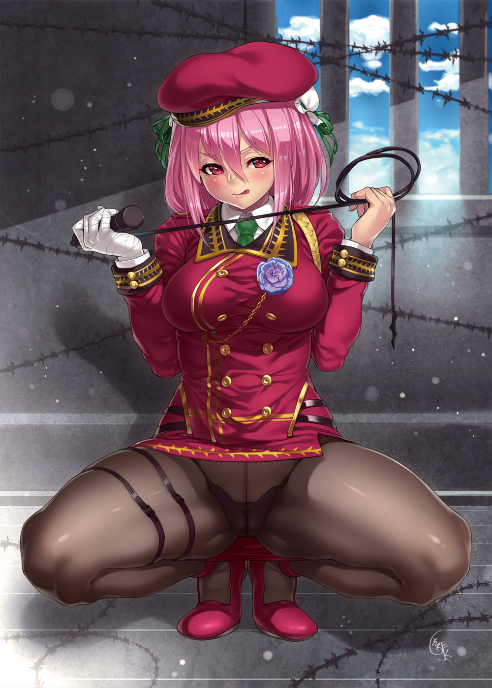 bandage, breasts, cameltoe, female, hat, houtengeki, kasen ibaraki, military, necktie, pantyhose, pink hair, pussy, red eyes, skirt, solo, tongue, touhou, whip