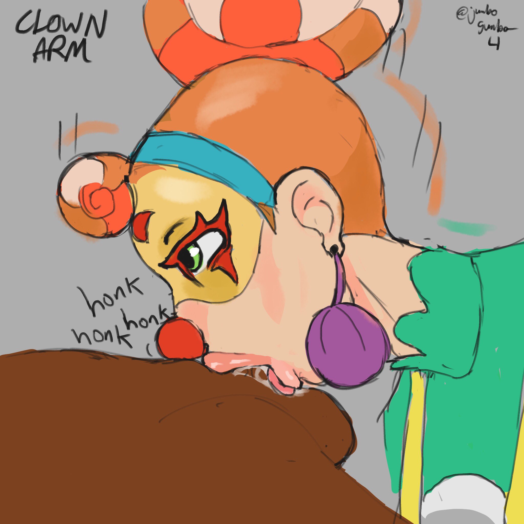 arms (game), balls, balls deep, blowjob, clown, clown girl, cum in mouth, dark skin, dark-skinned male, earrings, fellatio, female, genitals, interracial, jumbogumbo, lola pop, male, mask, nose, oral, oral penetration, oral sex, orange hair, penis, penis in mouth, pink lips, thick lipsrntongue, tongue, tongue out, tongue out blowjob