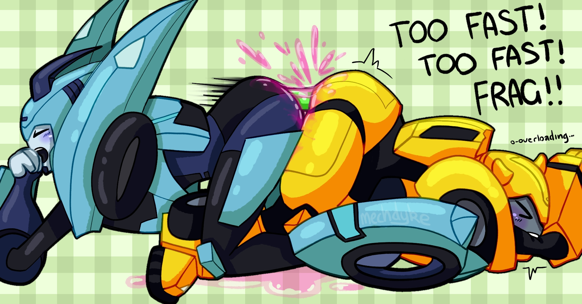 blurr, bumblebee (transformers), double ended dildo, male, male only, mechdyke, overstimulation, transformers, transformers animated, valveplug