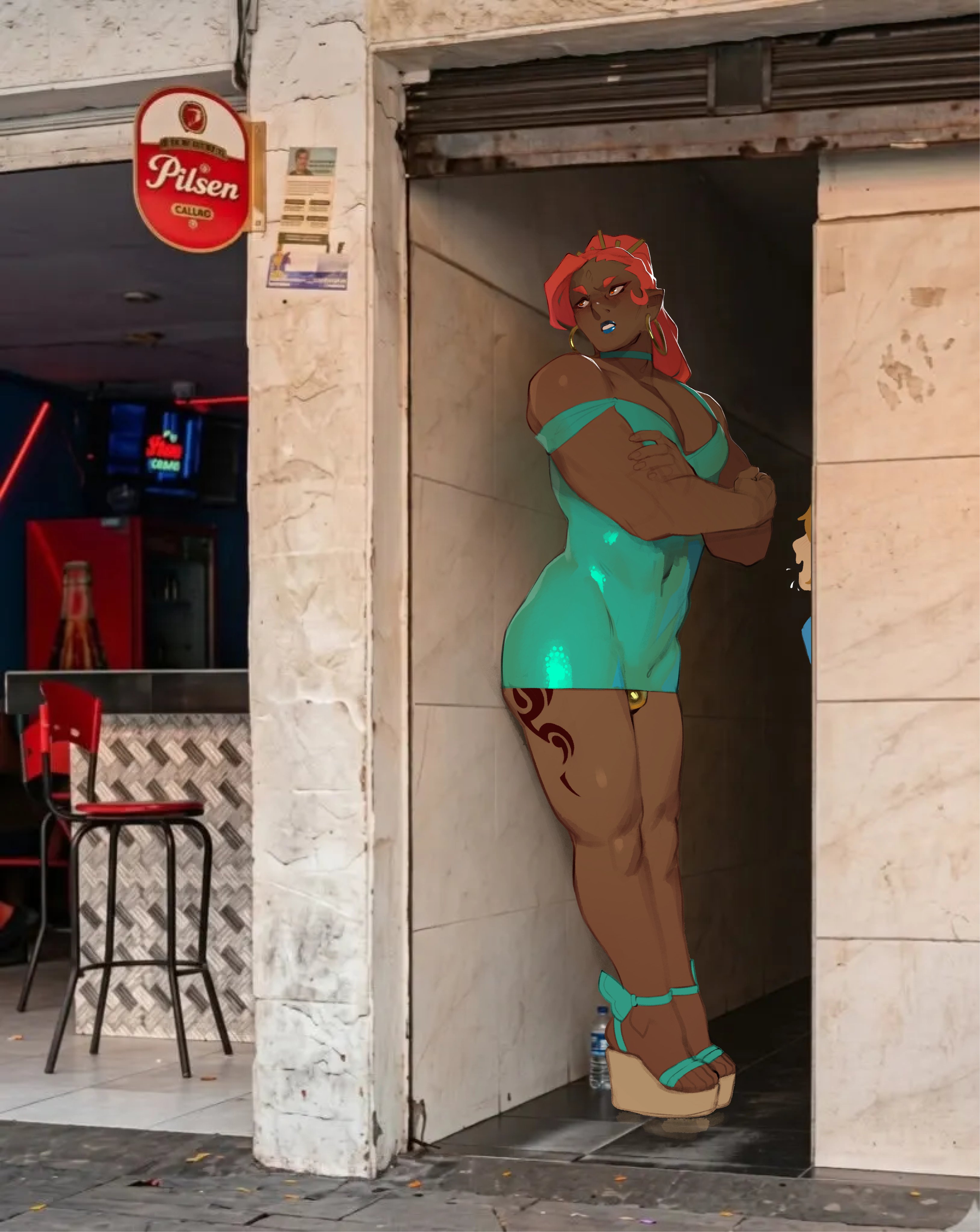 2boys, alleyway, alleyway milf (meme), ambush (trap), art trend, big pecs, bulge, bulge in panties, choker, colombia, color, colored, combos-n-doodles, crossdressing, crossdressing male, dark skin, dark-skinned femboy, dark-skinned male, dark-skinned sissy, earrings, femboy, femboy dilf, ganondorf, ganondorf (tears of the kingdom), gay, gerudo, heels, hoop earrings, hoop earrings oversized, hylian, light-skinned male, link, lipstick, long hair, male, male chest, male only, masculine crossdresser, medellin, colombia, meme, meme reference, muscular, muscular male, panty peek, ponytail, real background, red hair, short dress, sissy, tattoo, tattoo on legs, tears of the kingdom, the legend of zelda, thick thighs, tight clothing, tight dress, trend, twunk, wedge heels, yaoi