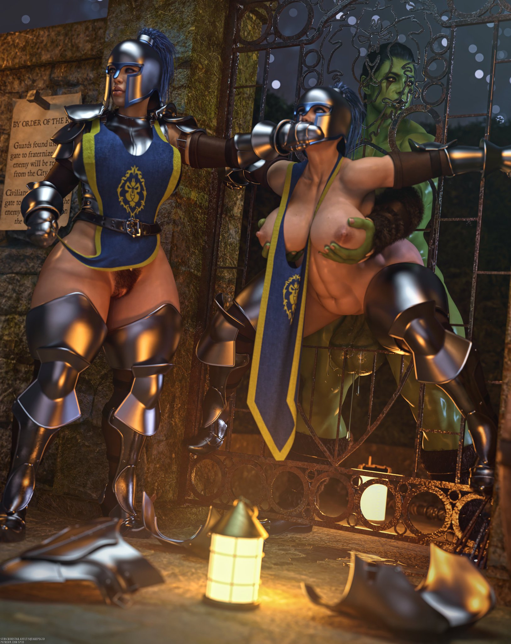 1futa, 2girls, 3d, 3d (artwork), abs, balls, bars, big ass, big breasts, big thighs, breasts, bush, bust, busty, clothed, clothed female, clothing, curvaceous, curvy, curvy figure, dickgirl, dickgirl/female, english text, female, female knight, female on futa, female/futa, futa on female, futa with female, futa/female, futanari, gate, green body, green skin, green-skinned futa, hairy pussy, hand on mouth, hands on breasts, heavy breasts, hips, huge ass, huge balls, huge breasts, huge testicles, huge thighs, human, human female, human on humanoid, humanoid, impaled by penis, intersex, intersex/female, knight, large ass, large breasts, large thighs, light skin, light-skinned female, mature, mature female, monster, monster futa, monster on female, naked, naked female, naked futa, night, nude, nude female, nude futa, orc, orc (warcraft), orc futa, orced, outdoors, penetration, pussy, risky sex, semi nude, slim waist, sneaky sex, spread legs, squarepeg3d, stormwind guard, testicles, the sin, thick, thick hips, thick legs, thick thighs, thighs, voluptuous, waist, warcraft, wide hips, wide thighs, world of warcraft