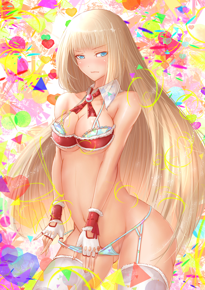 blonde hair, blue eyes, blush, bra, circle, detached collar, emilie de rochefort, female, fingerless gloves, gloves, heart, hime cut, jisper2002, long hair, namco, panties, panty pull, solo, tekken, thighhighs, thong, triangle, underwear, undressing